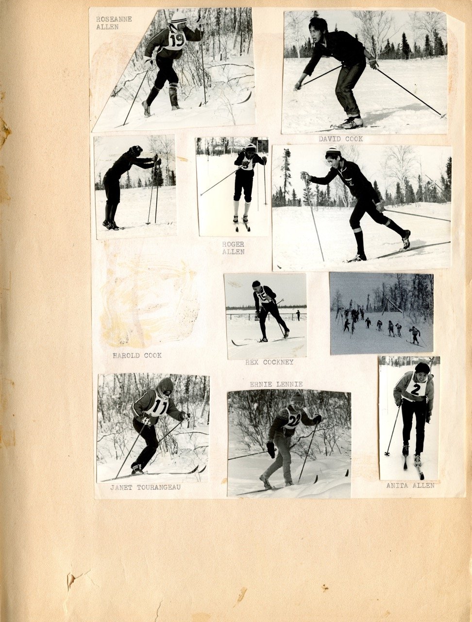 Collection of black-and-white photographs of children and young adults participating in cross-country skiing during winter, with trees and snowy landscapes in the background. Each photo is labeled with the person's name, such as Roseanne Allen, David