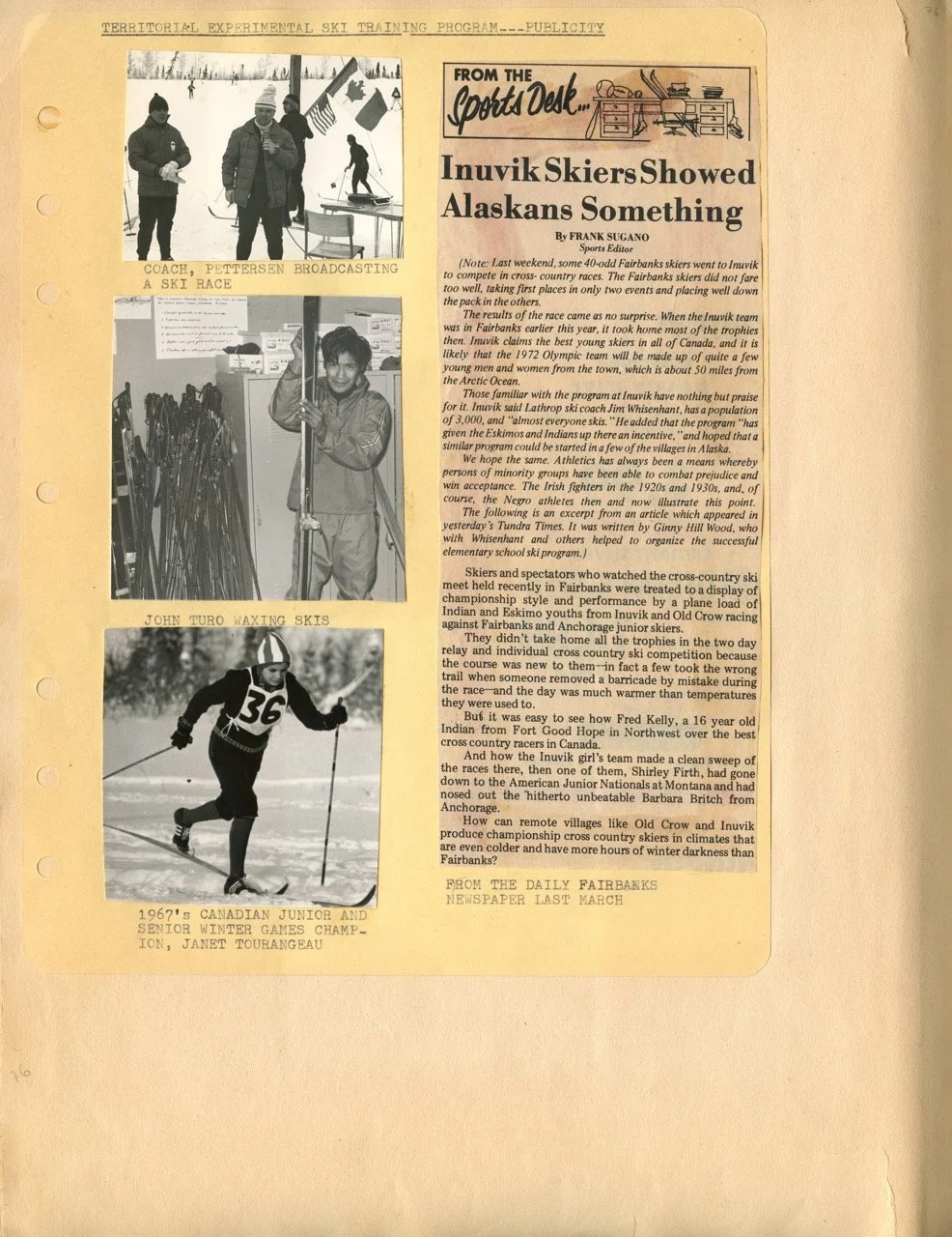 A newspaper clipping about invasiveness and Alaskan skiers, featuring three black-and-white photographs. The top photo shows three individuals at a ski event; one is holding a microphone. The middle photo shows a young skier, John Turo, standing with