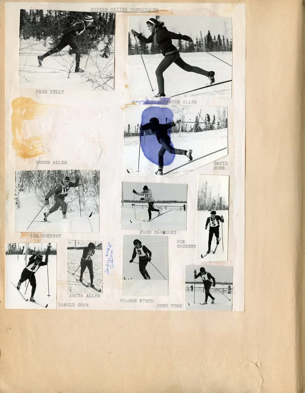Black and white photographs of children and adults skiing outdoors in winter, labeled with their names, with the title 'Superb Skiing Techniques' at the top.