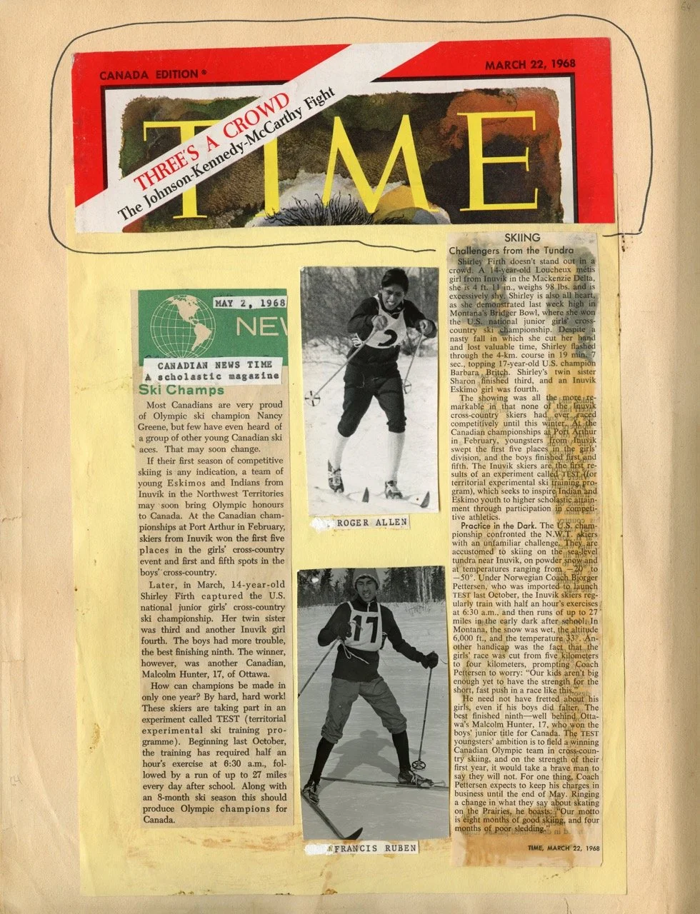 A newspaper clipping from March 22, 1968, featuring a headline about a boxing match between Johnson and McCarthy, with a red and white banner saying 'THREE'S A CROWD'. Below is an article about Canadian ski champions, including photos of two young sk