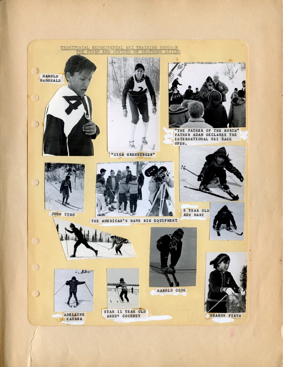 A scrapbook page featuring black and white photographs of children and adults participating in a winter ski training program, with labels identifying individuals and activities.