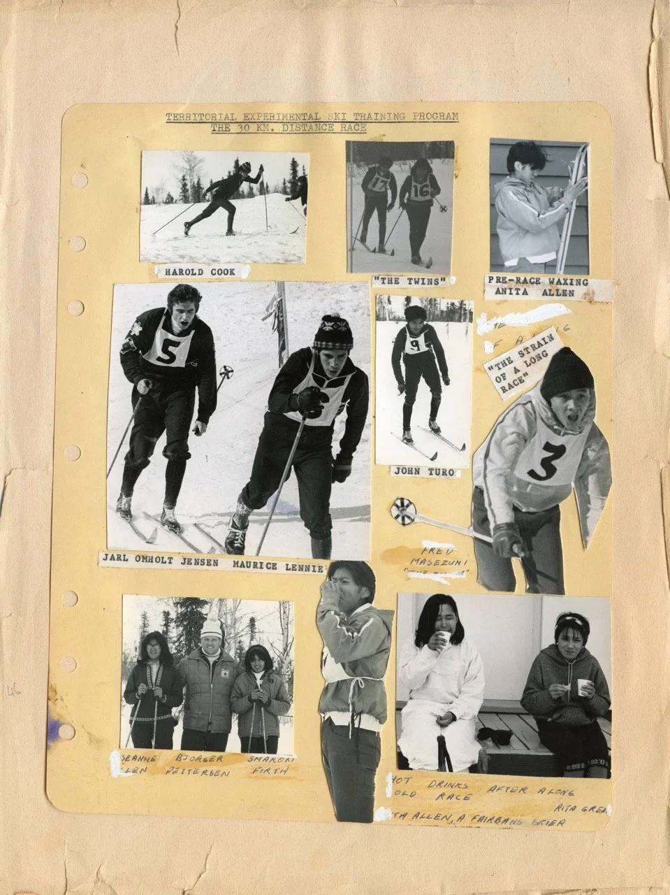 A collage of black and white photographs from a ski training program, including skiers racing and resting, with handwritten labels and explanations.