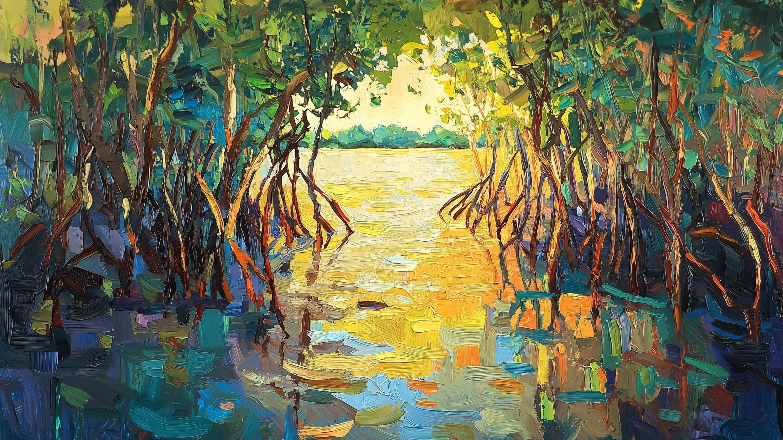 Abstract painting of a mangrove forest at sunset with vibrant colors reflecting on water.