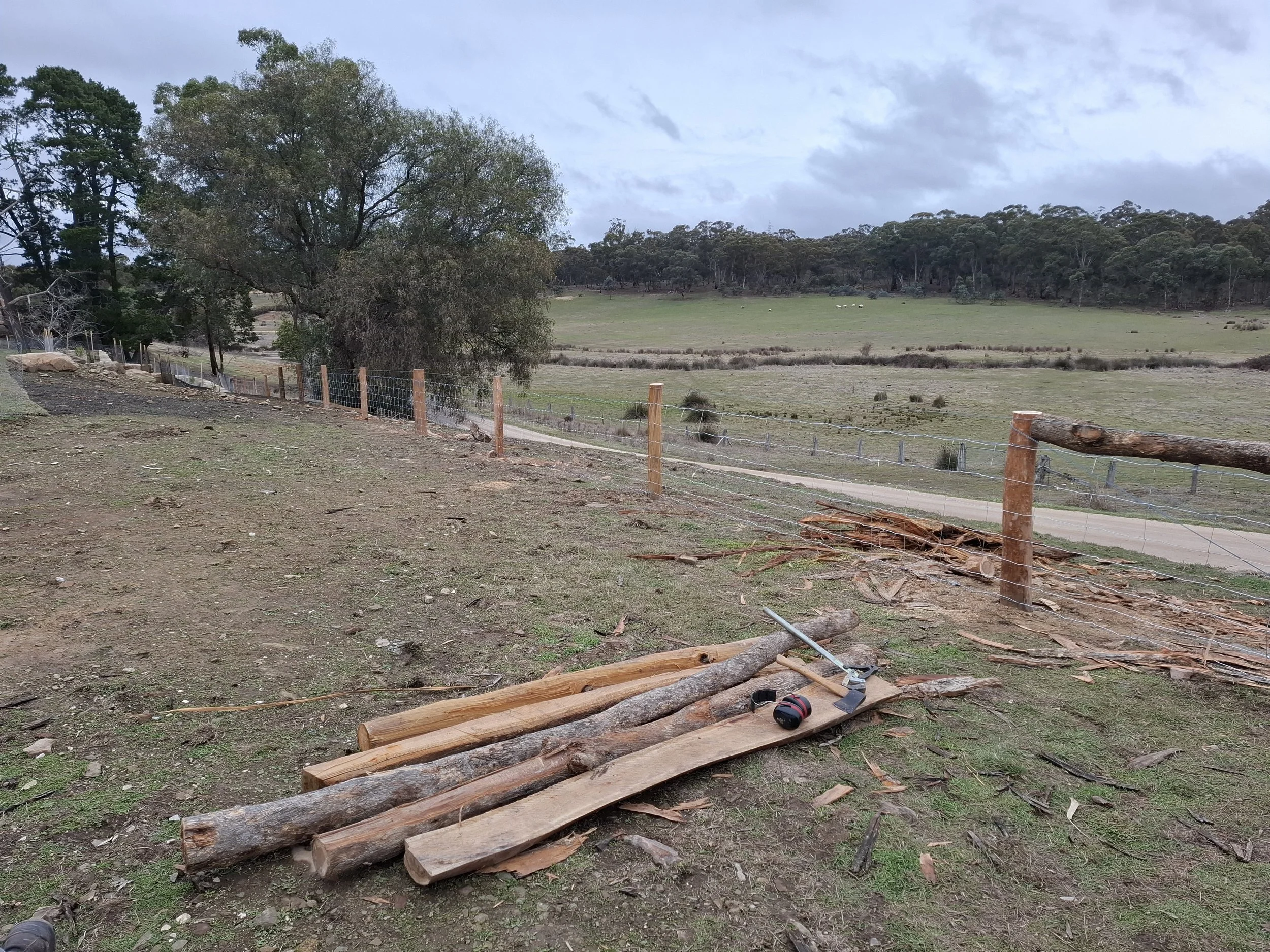 Partially built wooden fence along a rural landscape, with tools and logs on the ground, open field with trees in the background, overcast sky.