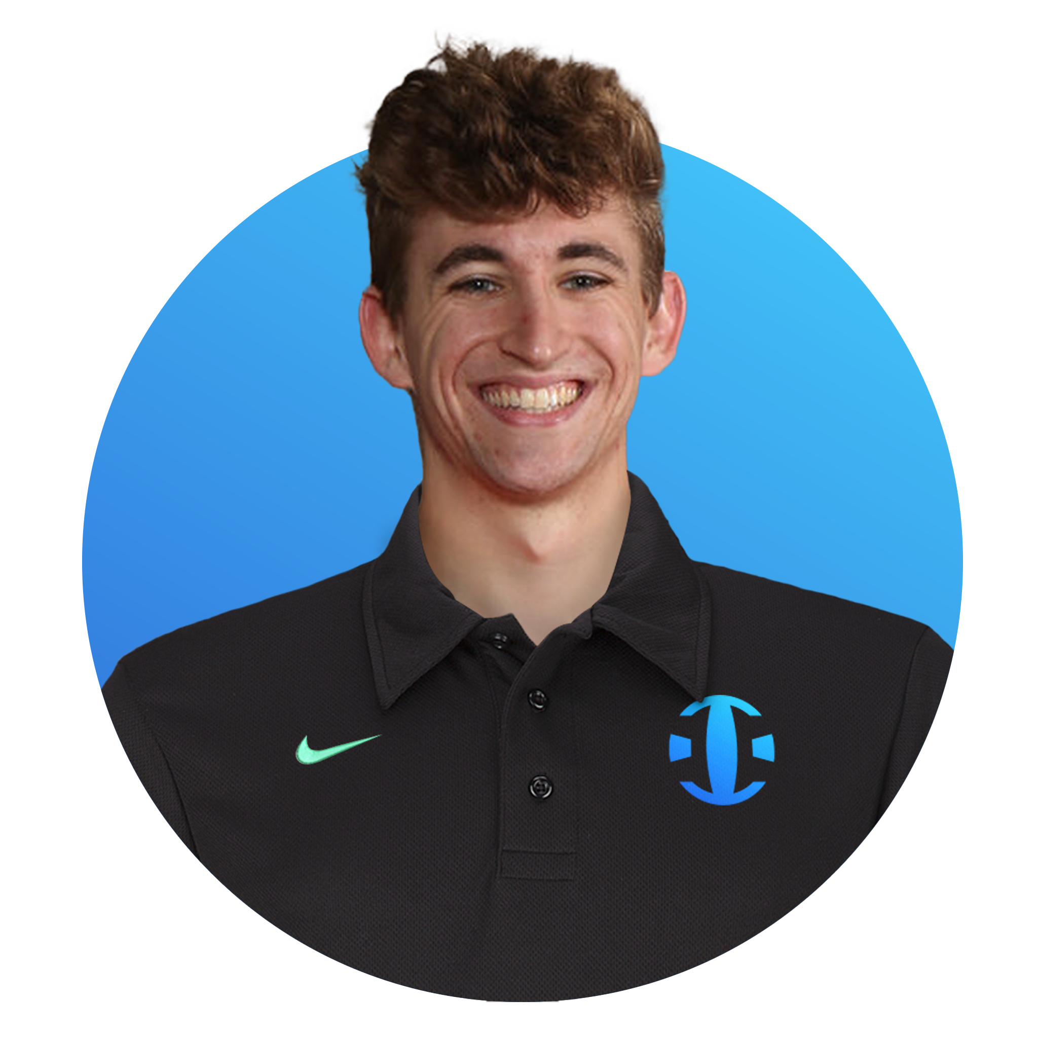 A young man with short curly brown hair and a bright smile wearing a black Nike polo shirt with a logo on the left side of the chest, standing in front of a blue background with a circular gradient.