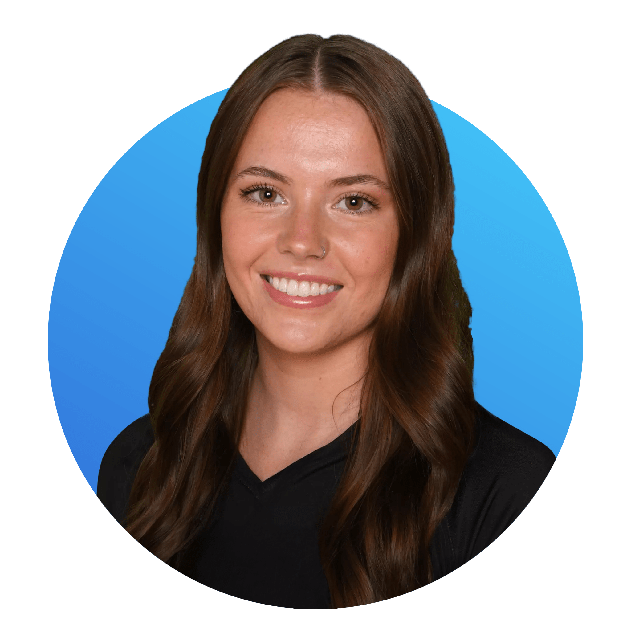 A woman with long brown wavy hair, smiling, wearing a black top, against a blue gradient background.