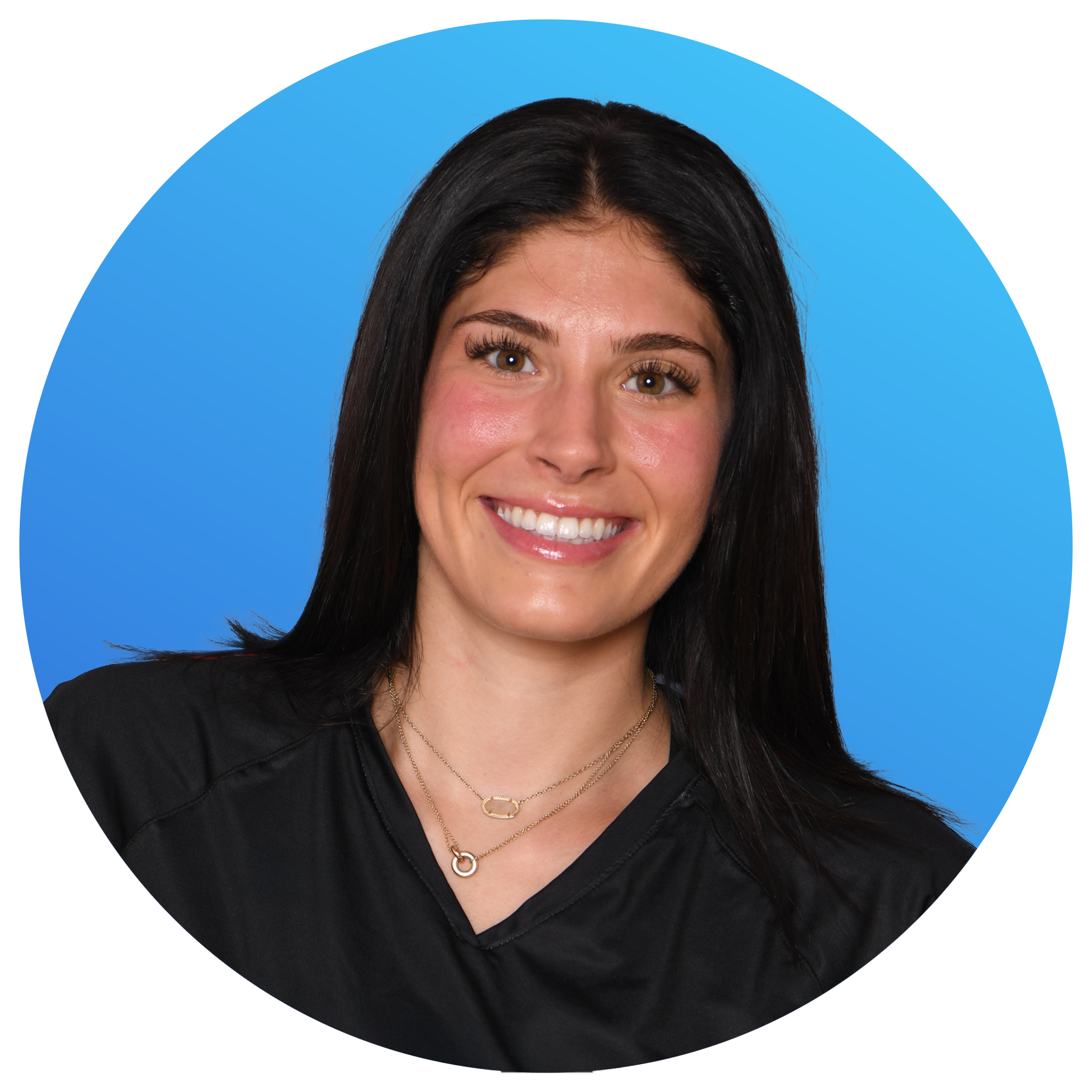 Headshot of a smiling young woman with dark hair, wearing a black top and layered necklaces, against a blue background.