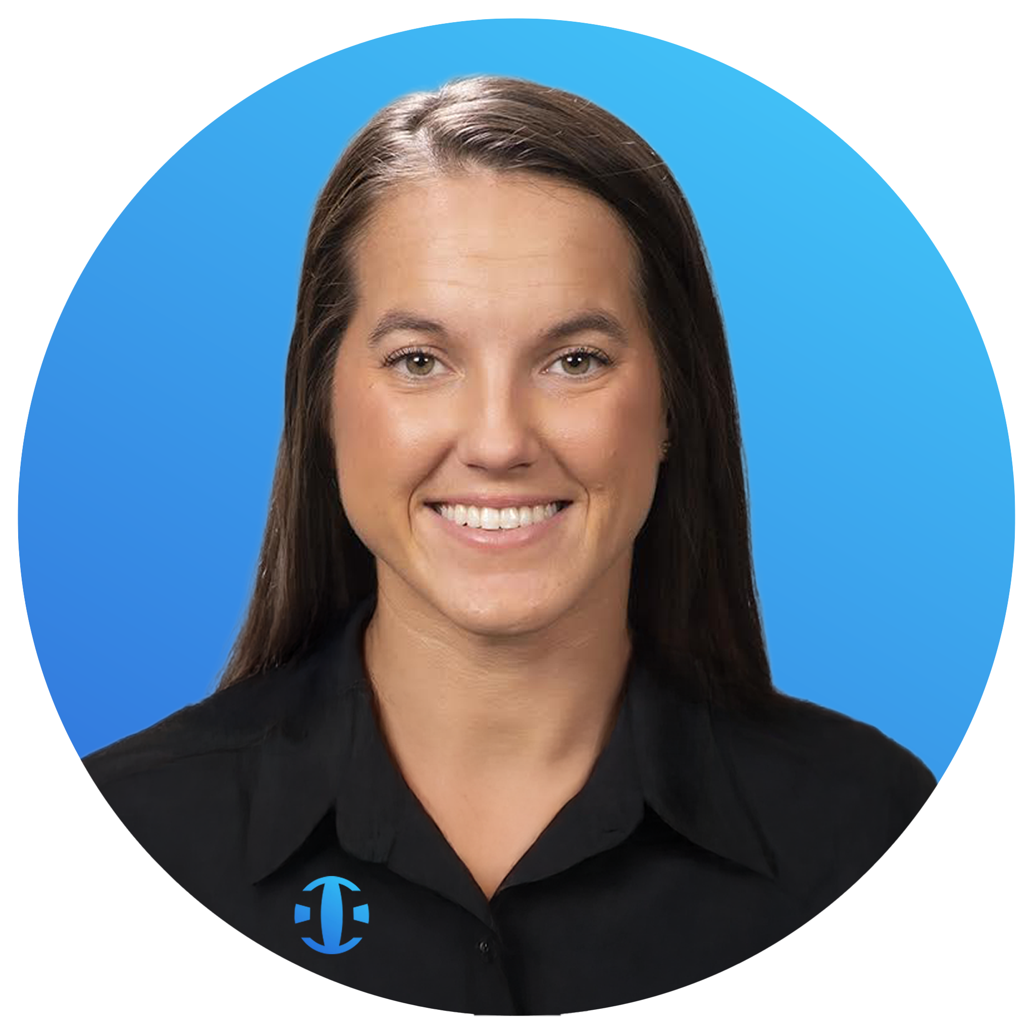 Professional headshot of a woman with long brown hair, smiling, wearing a black collared shirt, against a blue circular background.