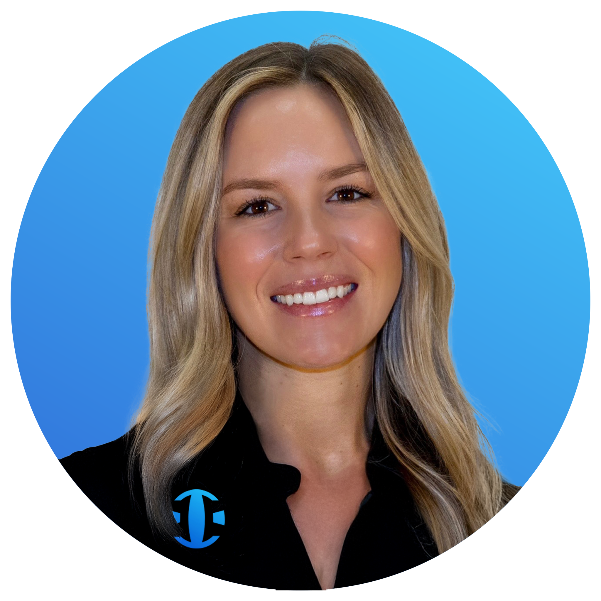 A woman with long blonde hair smiling in front of a blue gradient background.