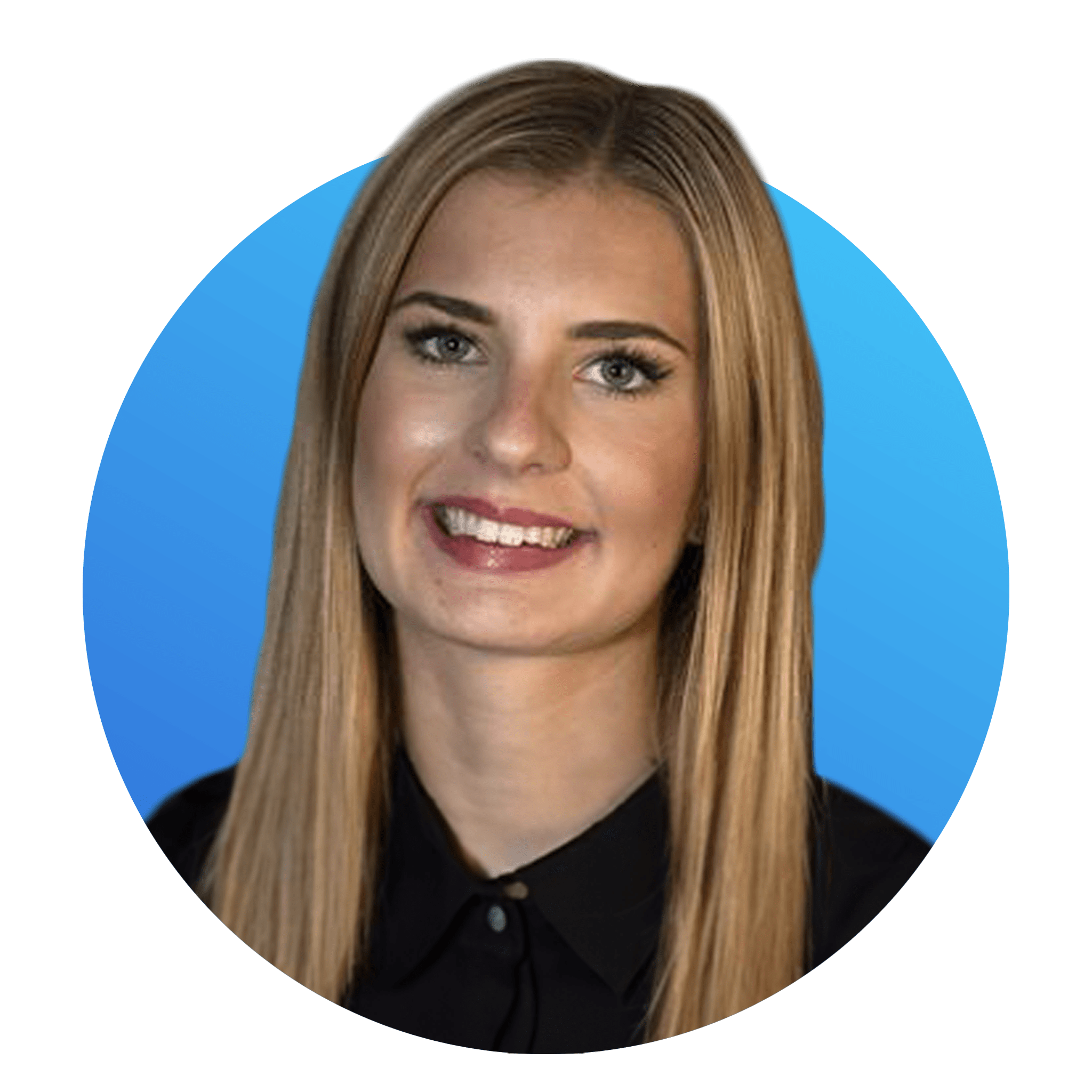 Headshot of a woman with long straight blonde hair, blue eyes, wearing a black collared shirt, smiling against a blue circular background.