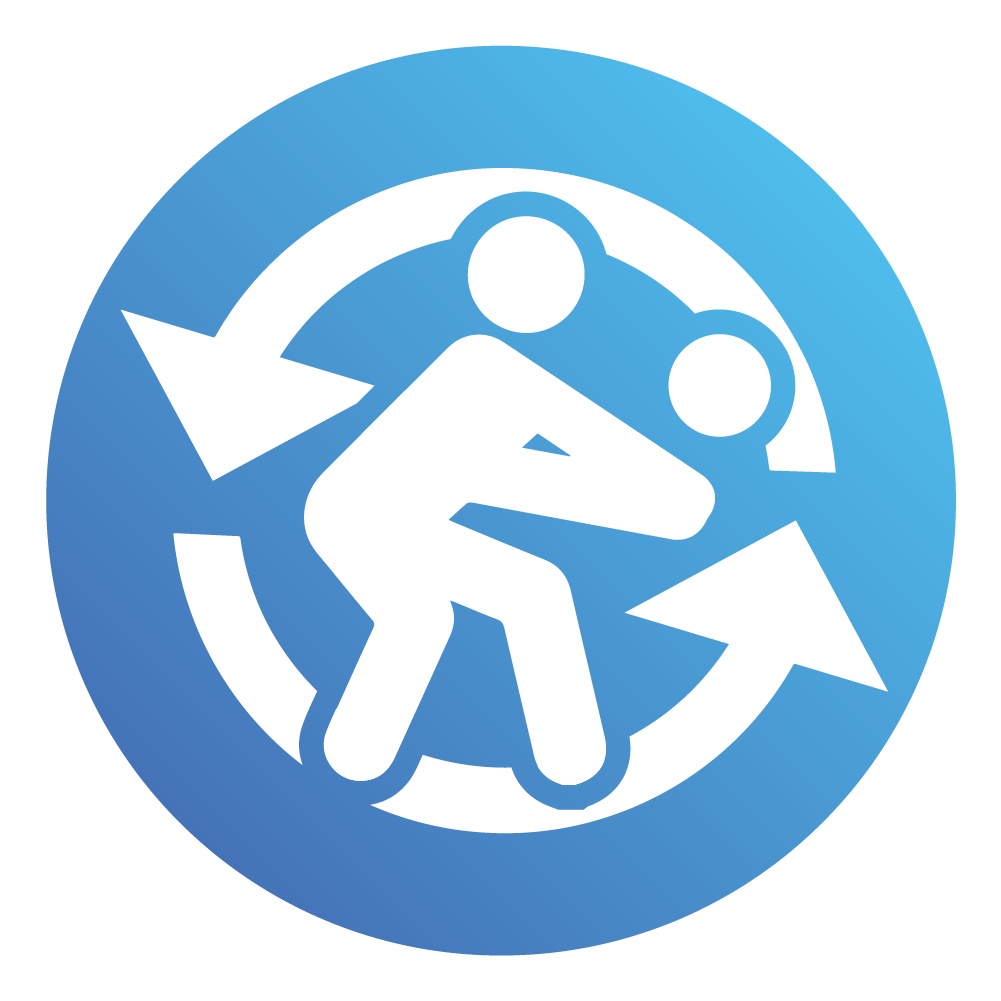 A figure climbing a circular ladder with arrows pointing outward, inside a blue circular background.