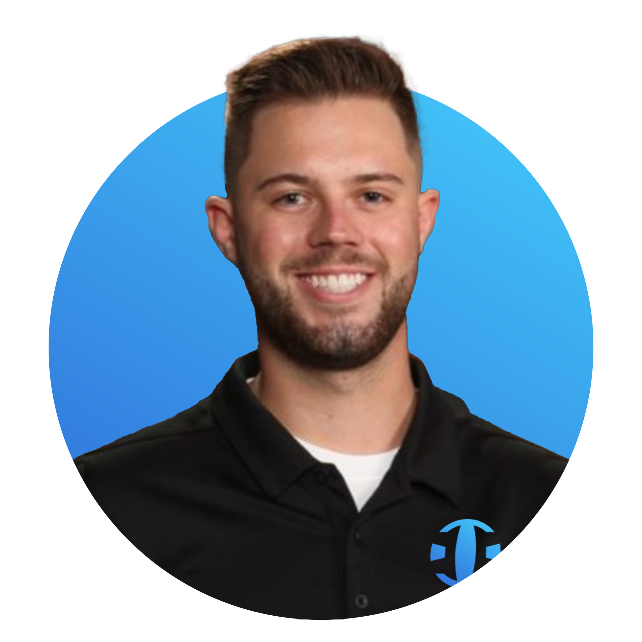 Headshot of a smiling young man with short brown hair and a beard, wearing a black collared shirt with a logo featuring a stylized letter 'T' in blue on the chest, against a blue circular background.