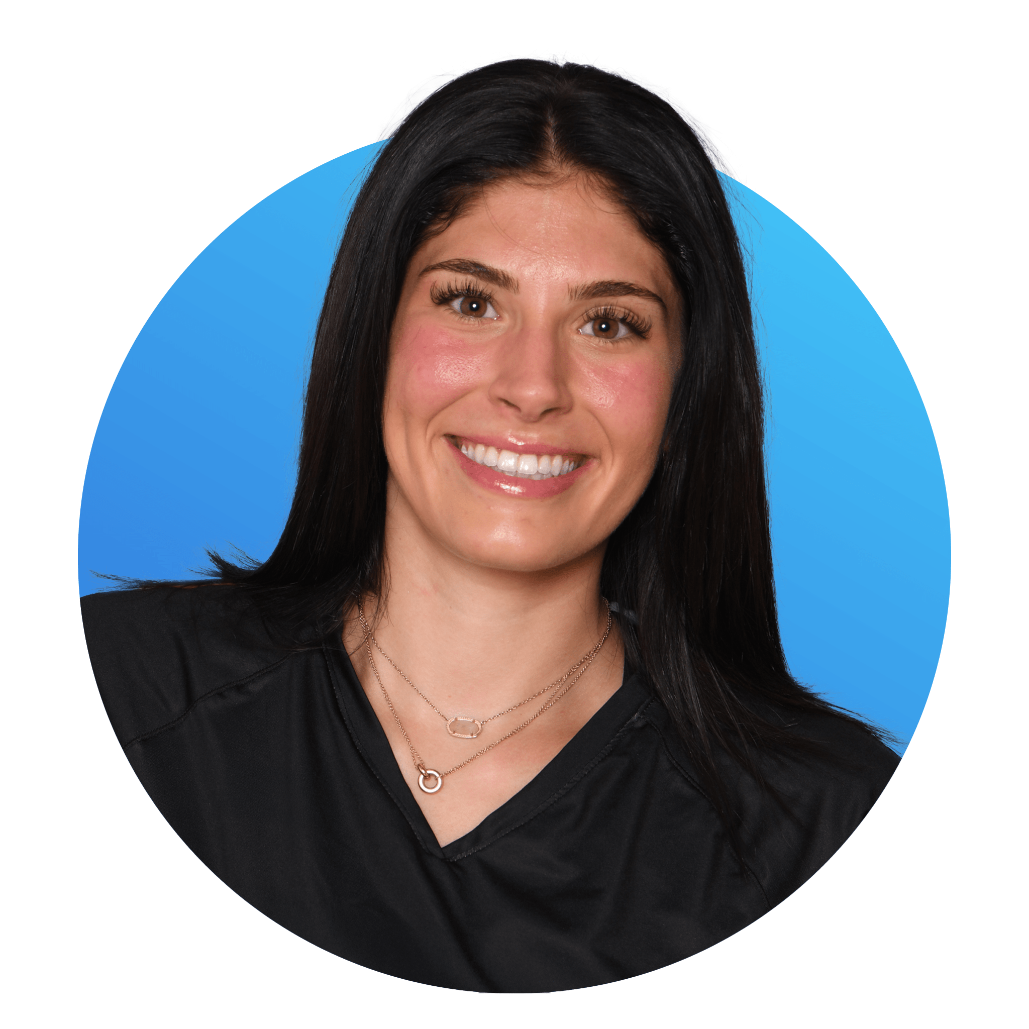 A smiling woman with long dark hair, wearing a black top and layered necklaces, against a blue background.