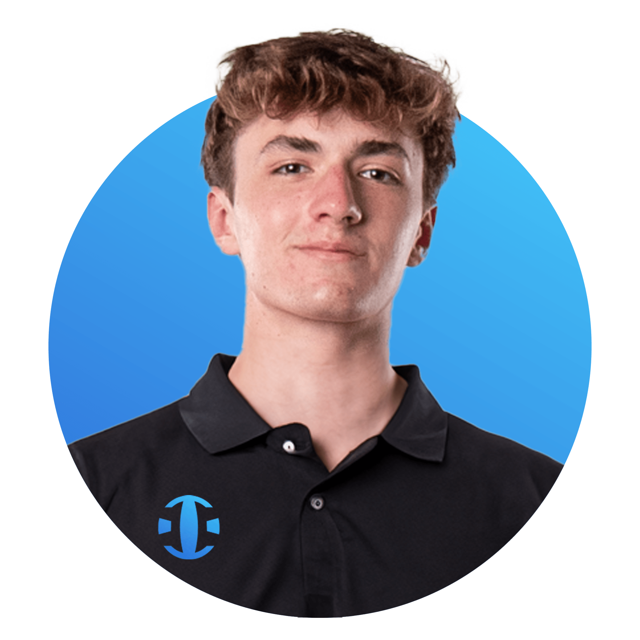 Headshot of a young man with light skin, short curly brown hair, wearing a black collared shirt with a blue logo on the chest, set against a blue circular background.