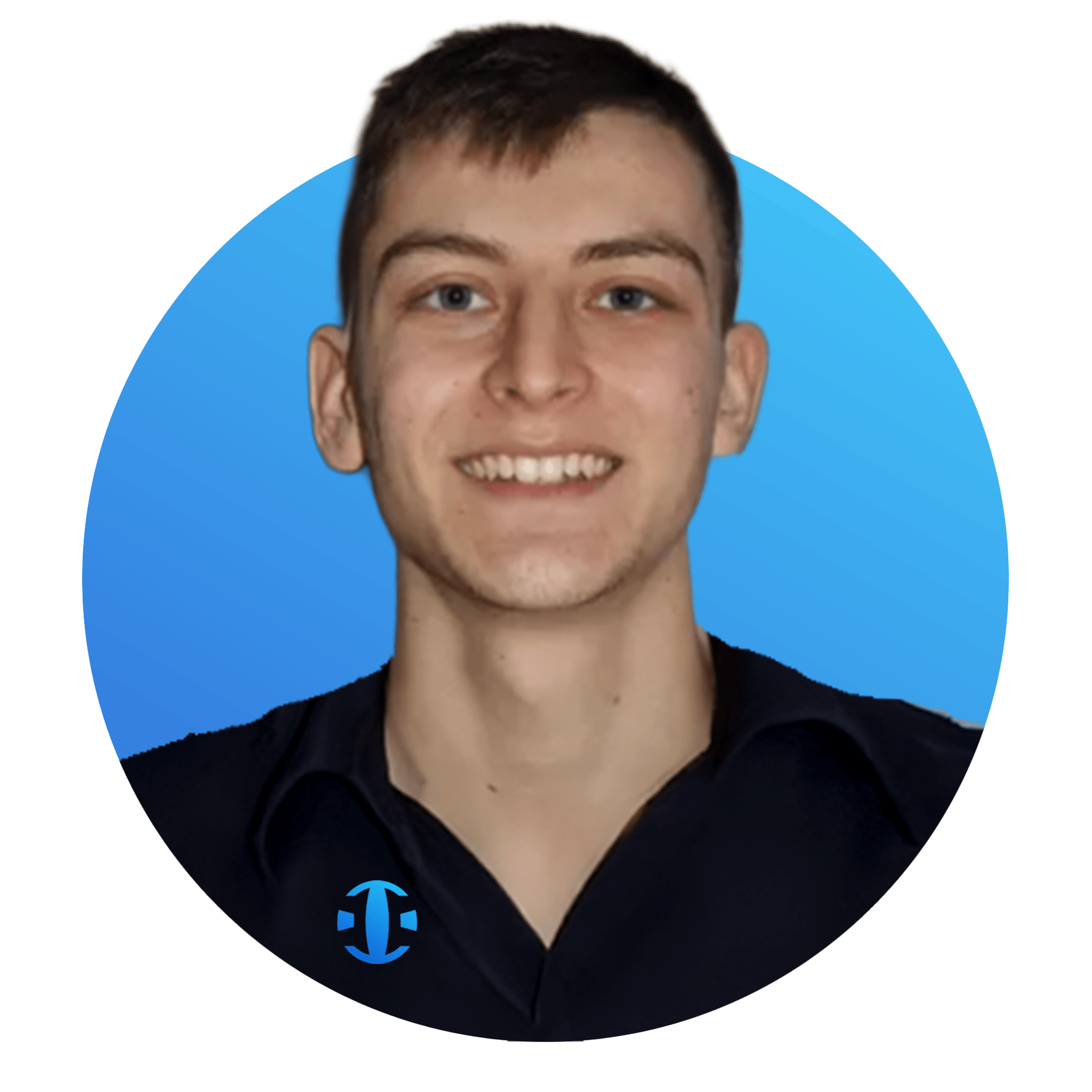 A young man with short brown hair and a big smile, wearing a black shirt against a blue background.