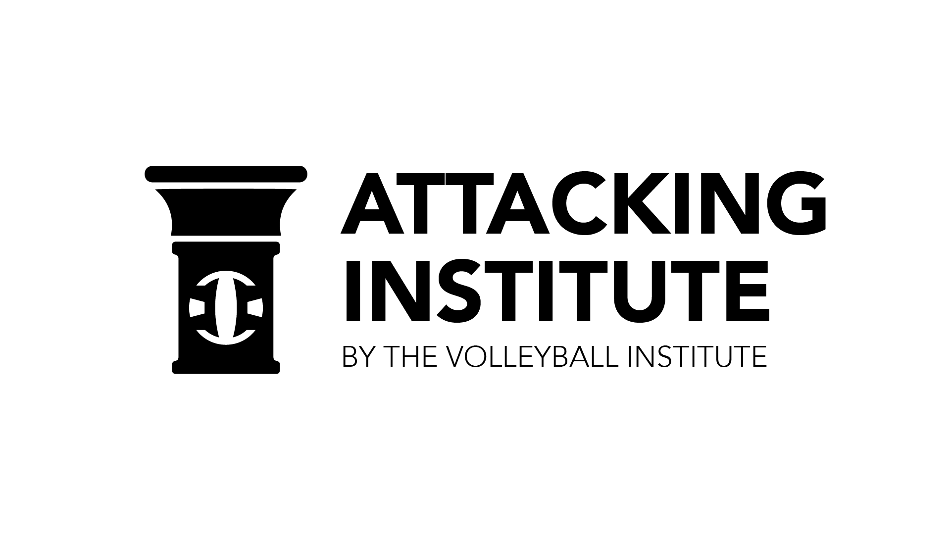 Logo for Attacking Institute by the Volleyball Institute featuring a stylized black volleyball net post with volleyball symbols inside, and the text 'Attacking Institute' in bold, with smaller text 'by the Volleyball Institute' underneath.
