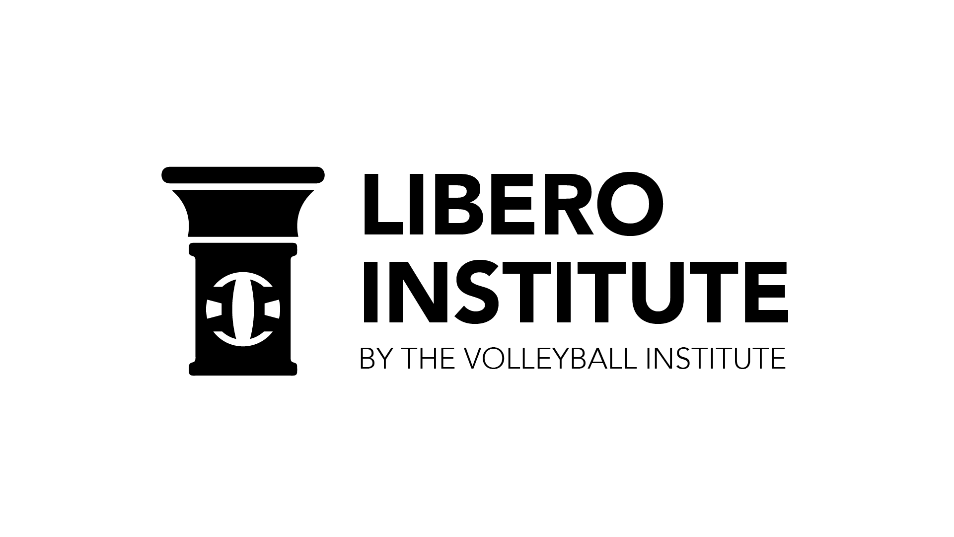 Logo of Libero Institute by the Volleyball Institute, featuring a black stylized volleyball net post with a volleyball icon and the text 'LIBERO INSTITUTE' in bold, and 'BY THE VOLLEYBALL INSTITUTE' underneath.