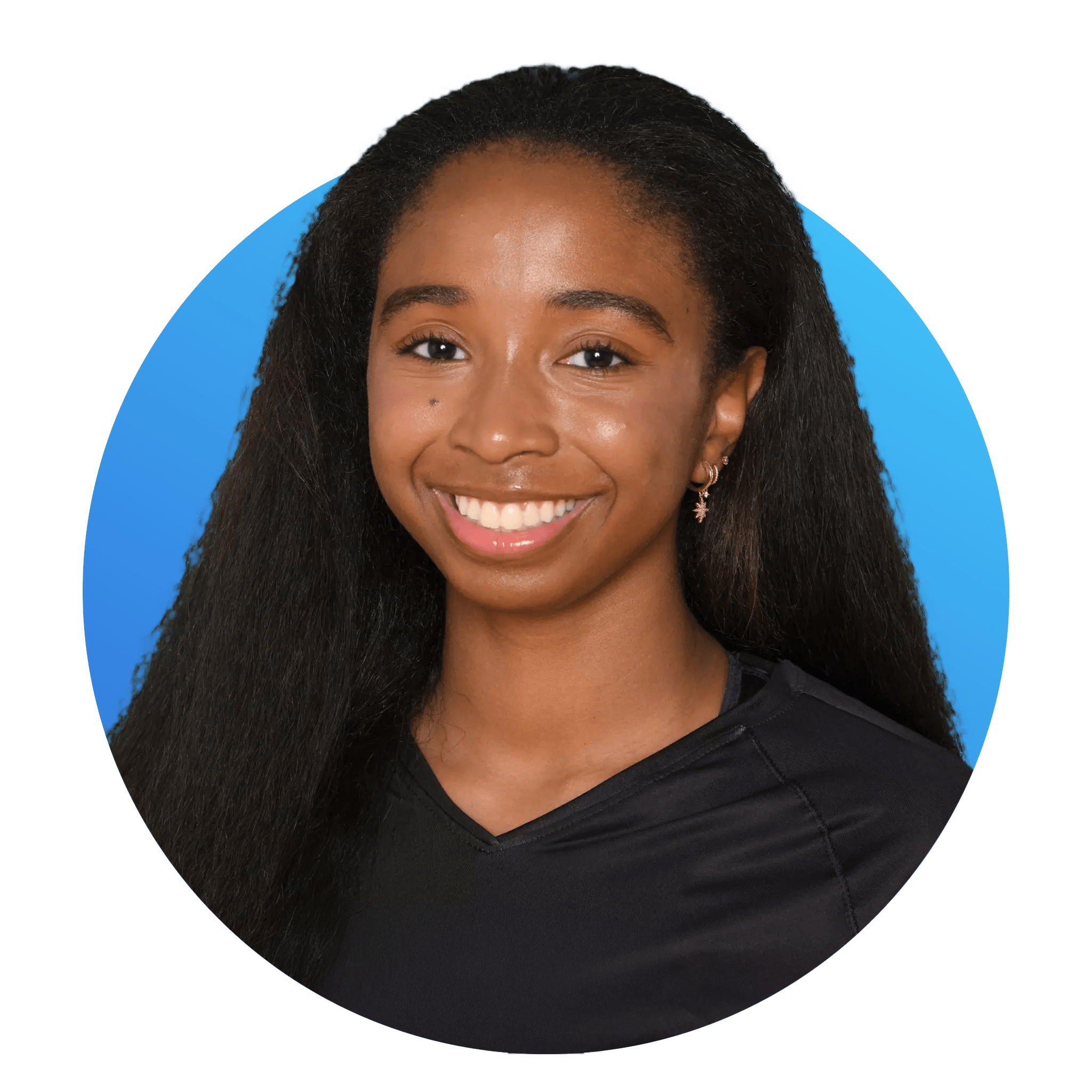 A young African American woman with long, textured hair, smiling, wearing a black shirt and star-shaped earrings, against a blue background.