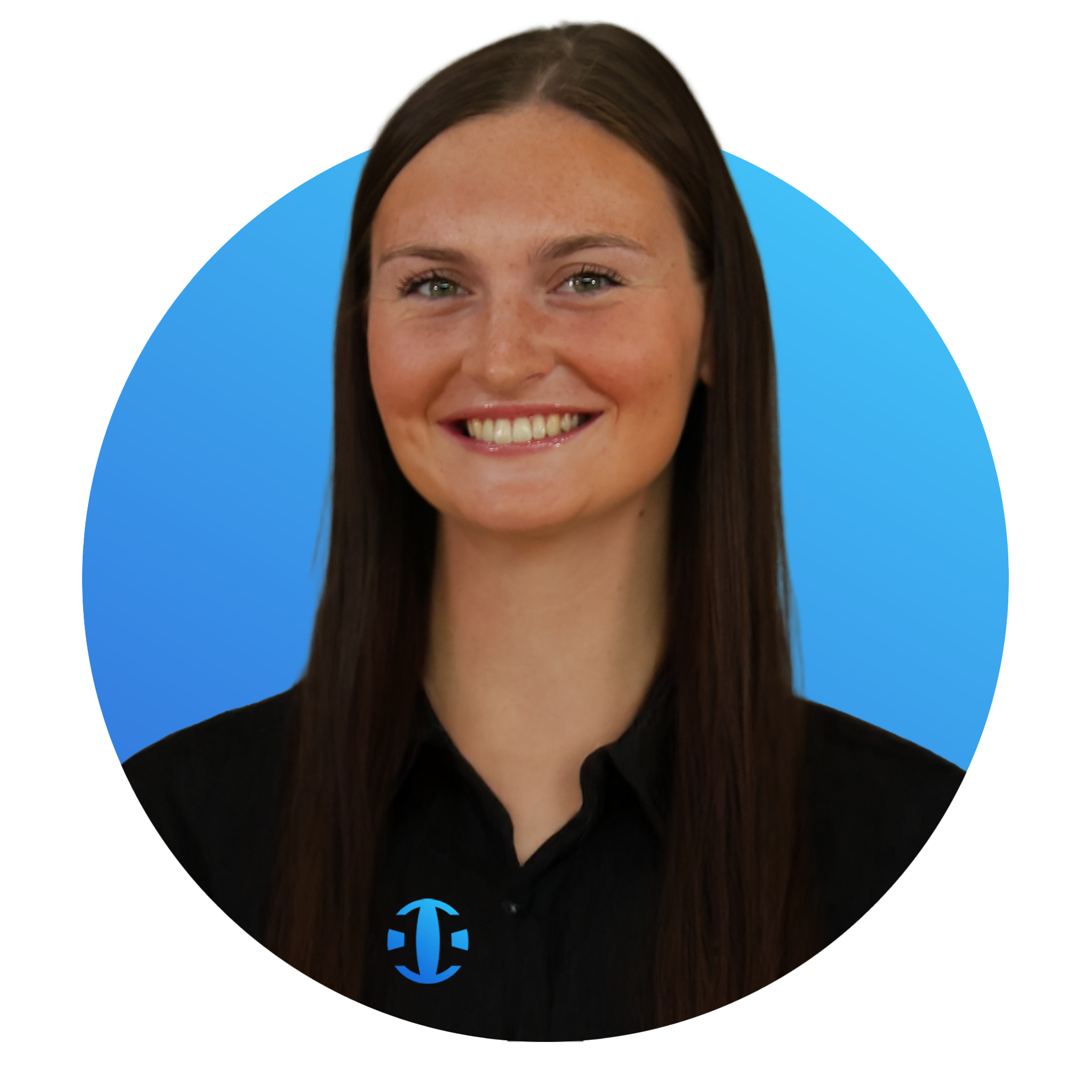 A young woman with long brown hair, smiling, wearing a black shirt with a small logo, against a blue background.