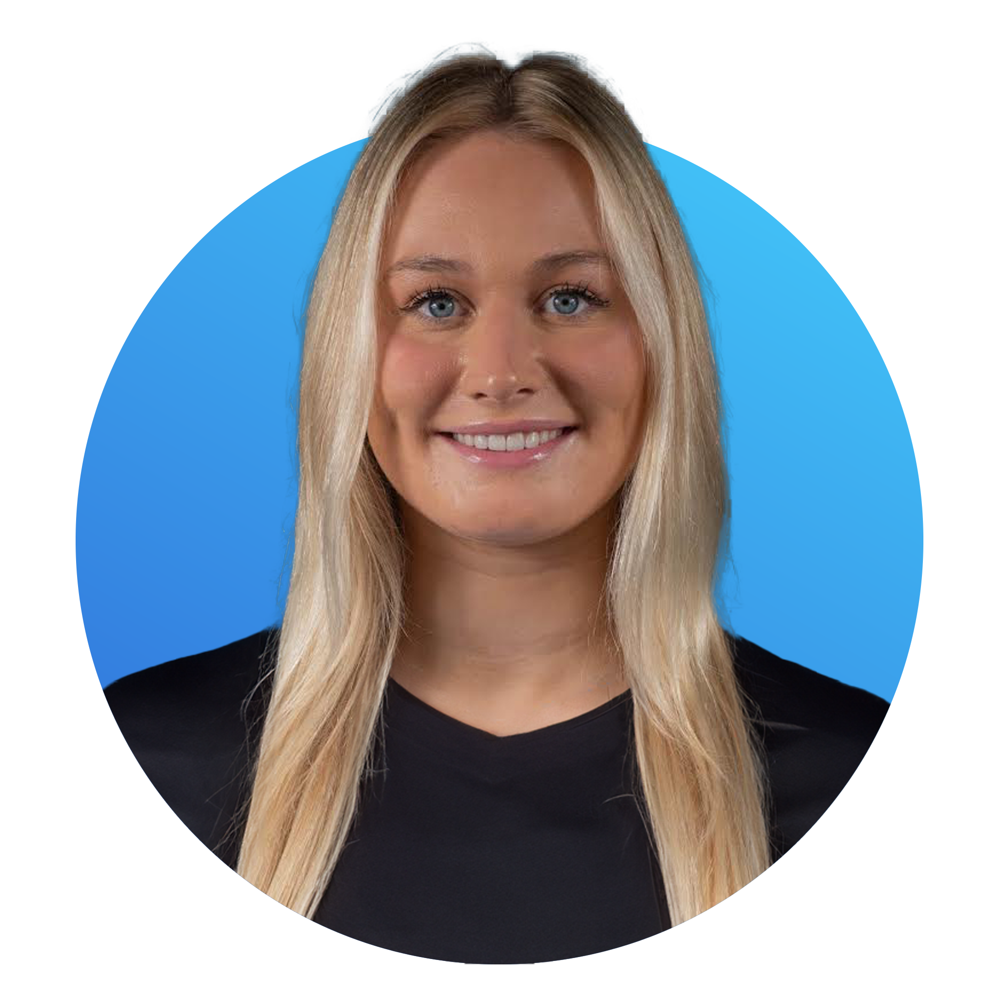 Close-up portrait of a woman with long blonde hair, blue eyes, smiling, wearing a black top, with a blue background.