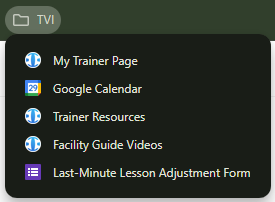Screenshot of a menu showing links to 'My Trainer Page,' 'Google Calendar,' 'Trainer Resources,' 'Facility Guide Videos,' and 'Last-Minute Lesson Adjustment Form.'
