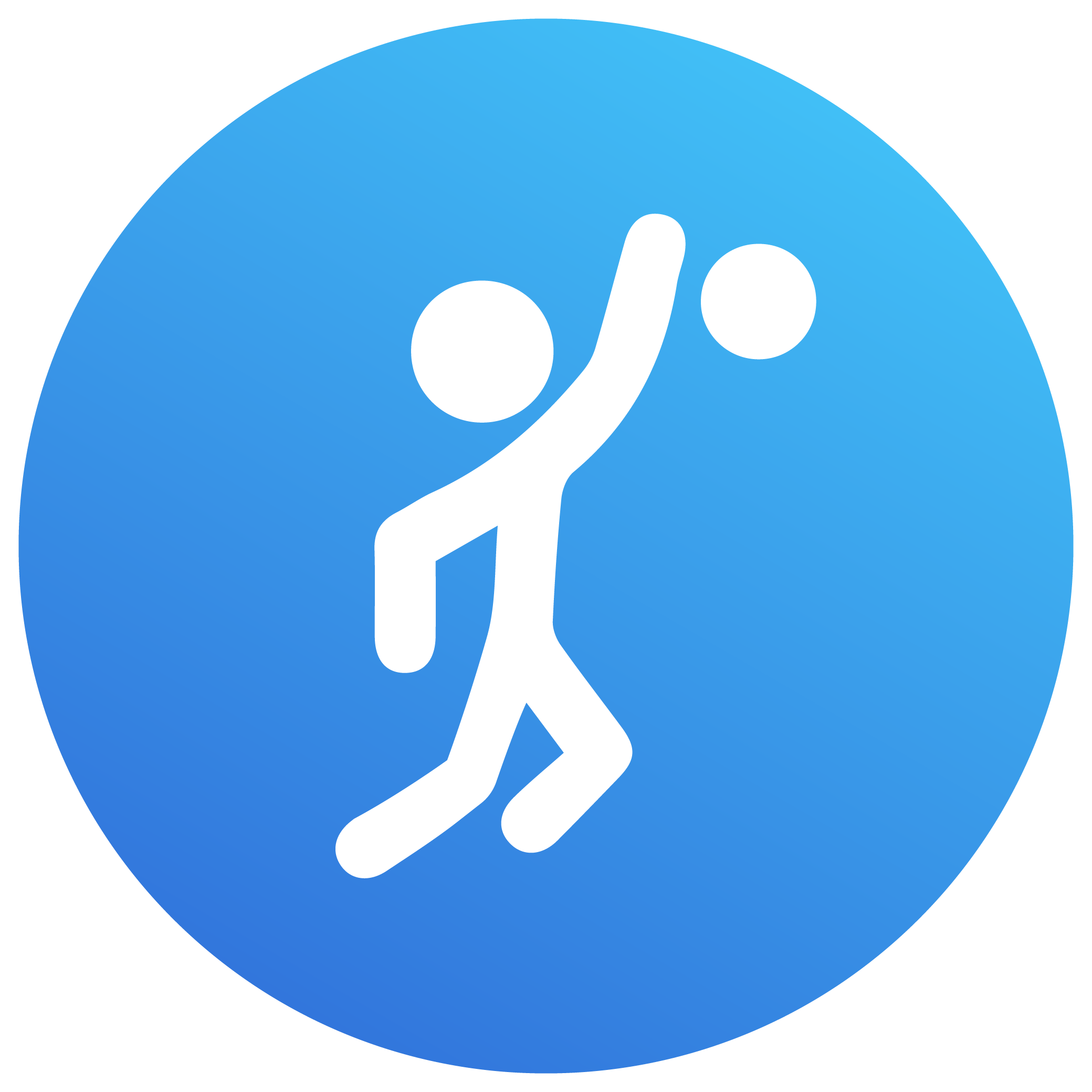 Icon of a person playing volleyball, jumping to hit a ball with an arm raised, on a blue circular background.