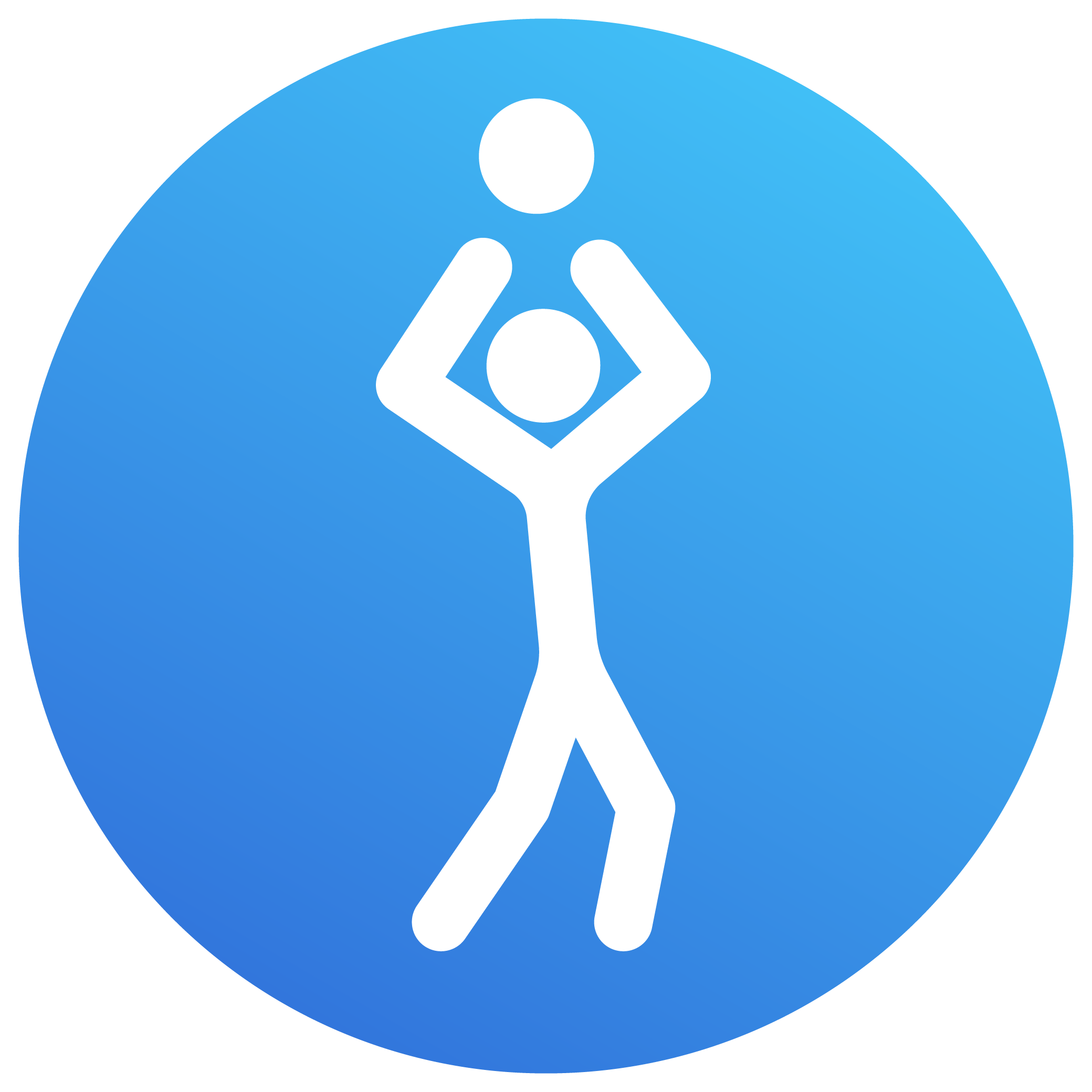 Icon of a person walking with a ball balanced on their head, depicted in white on a blue circular background.