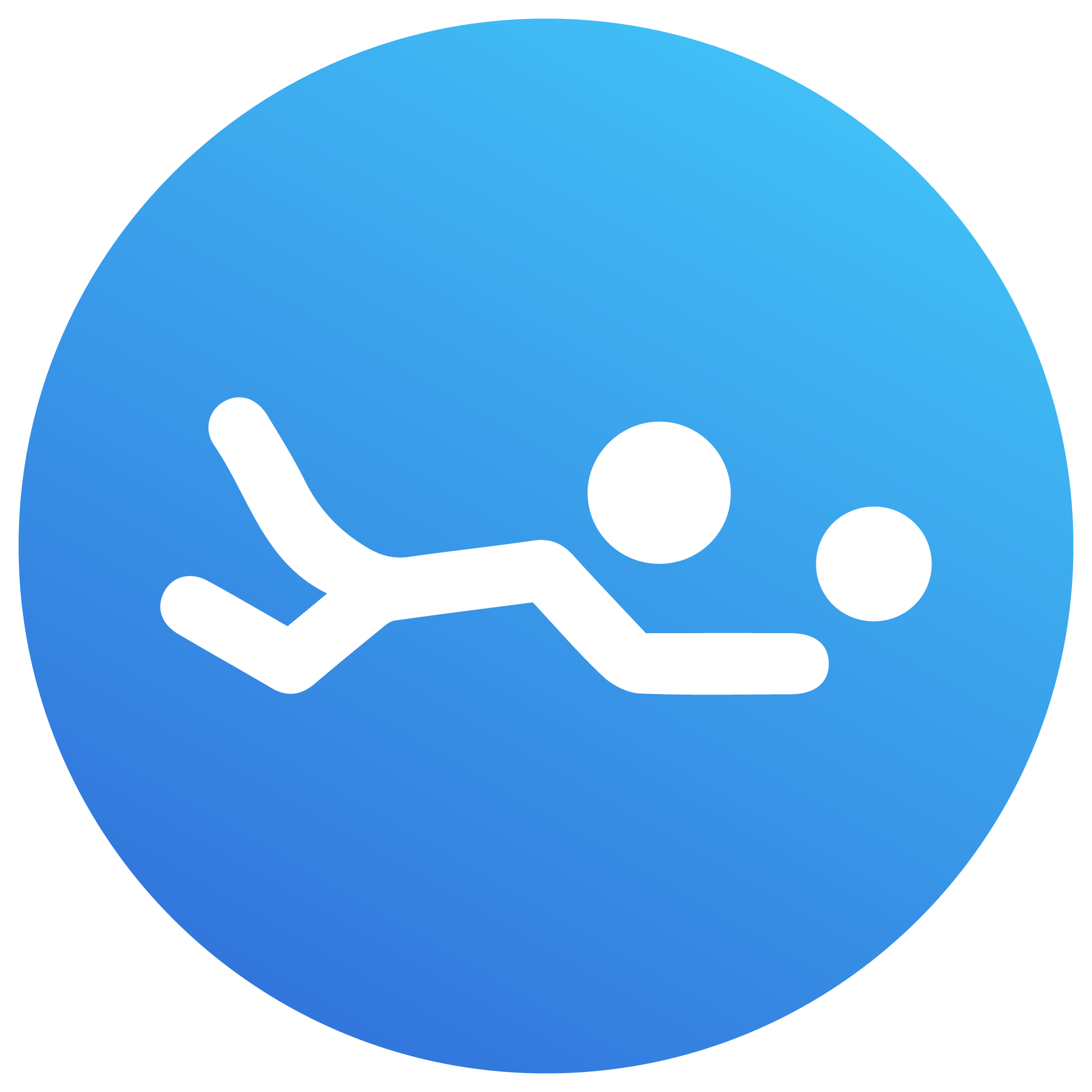 Diving icon with a white volleyball player figure on a blue circular background.