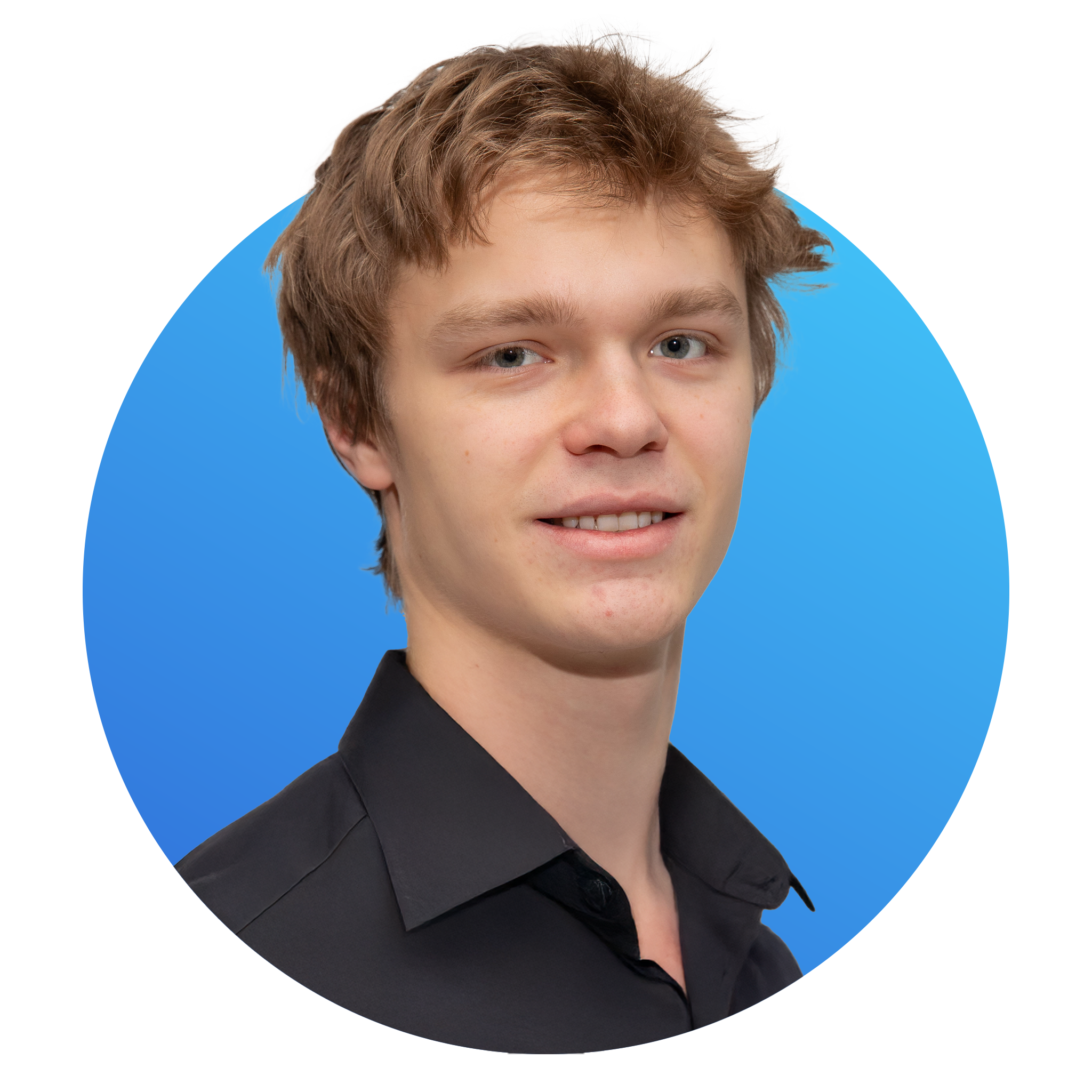 A young man with light brown hair, blue eyes, wearing a black shirt, smiling against a blue background.