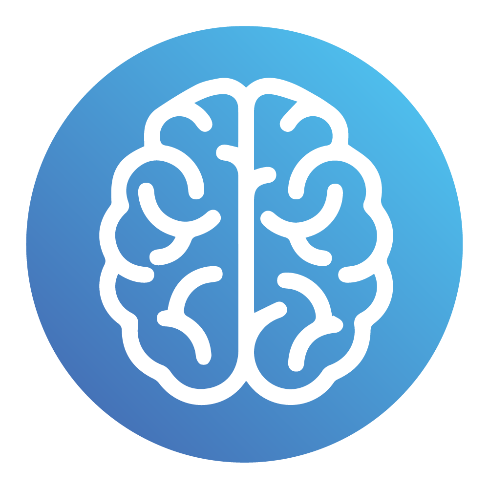 Line drawing of a brain on a blue gradient background.