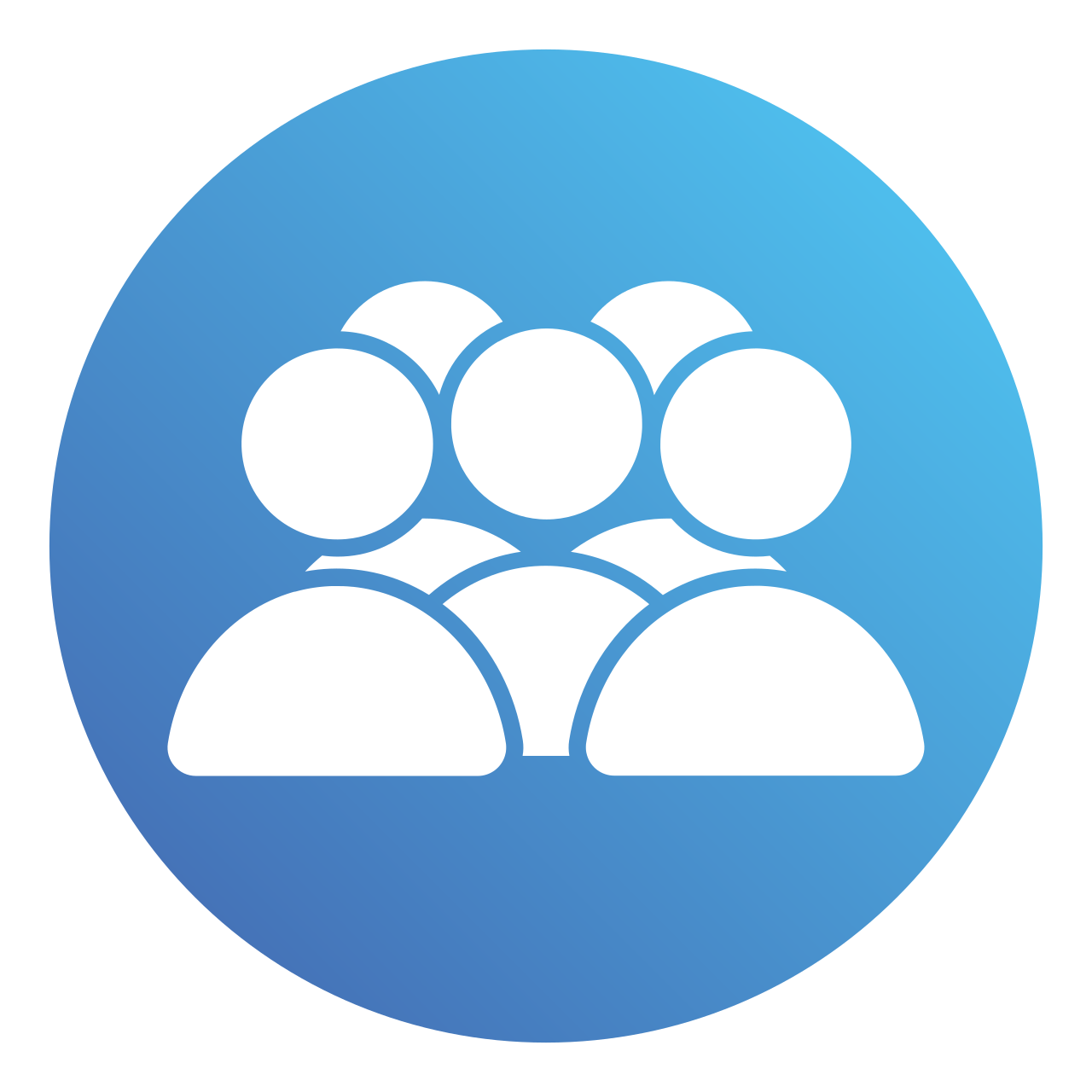 Icon of multiple white human figures in front of a blue circular background, representing a group or community.
