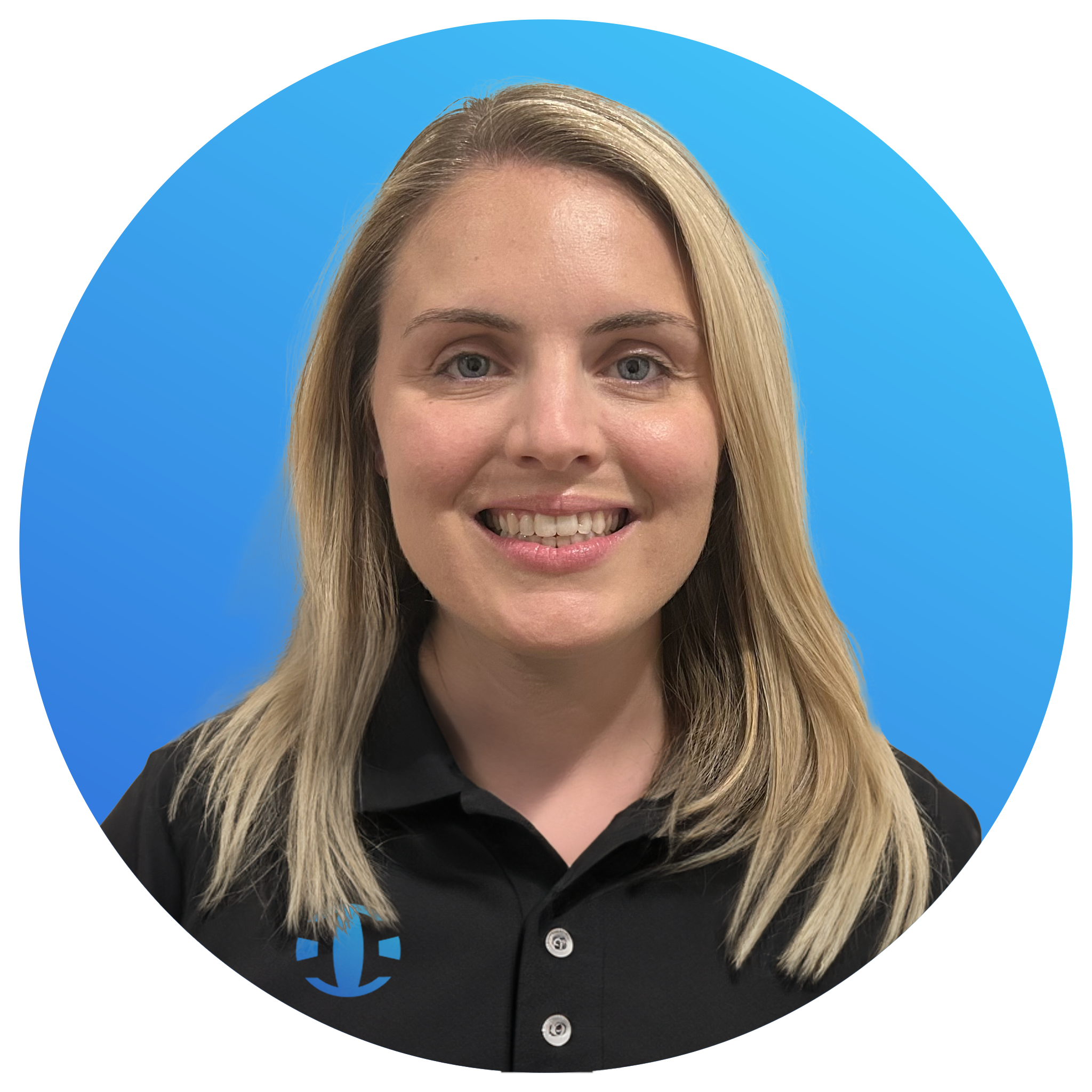 A young woman with blonde hair smiling, wearing a black collared shirt with a blue logo, against a blue background.