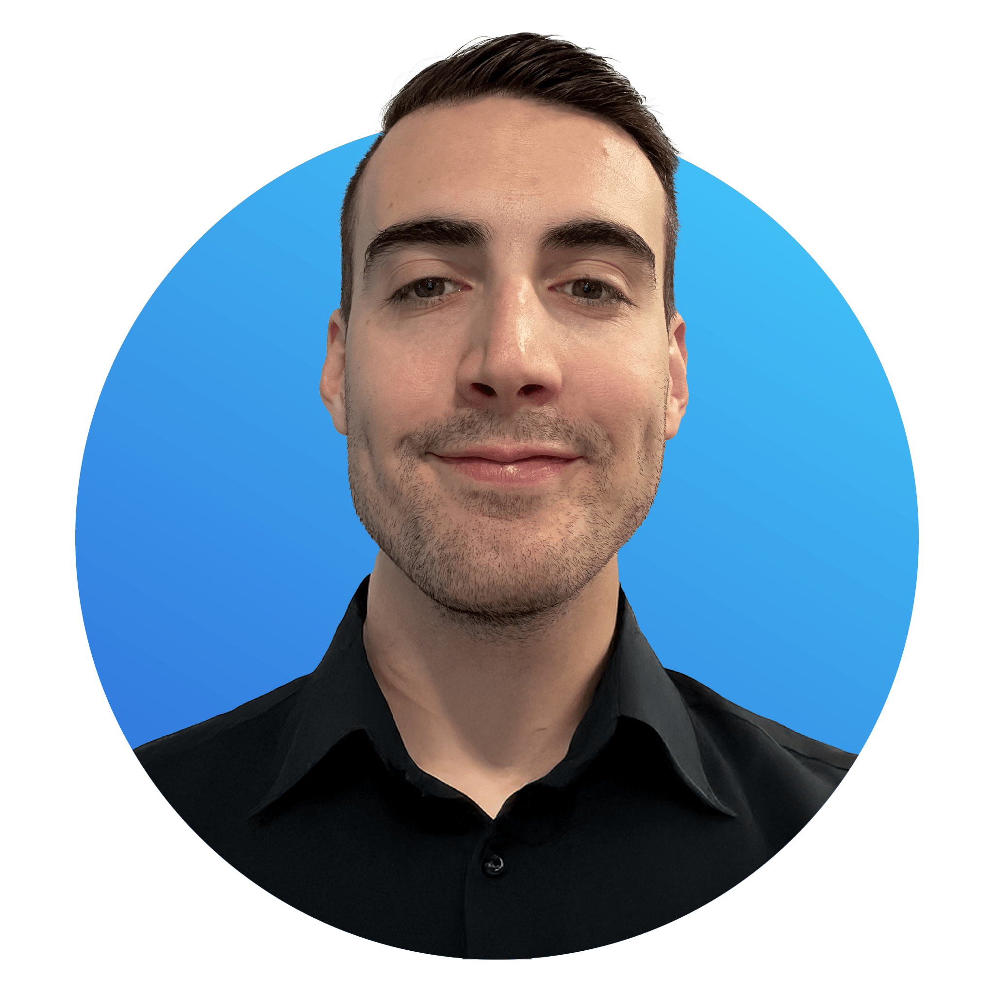 A young man with short brown hair, light facial hair, wearing a black collared shirt, smiling slightly, against a gradient blue background.