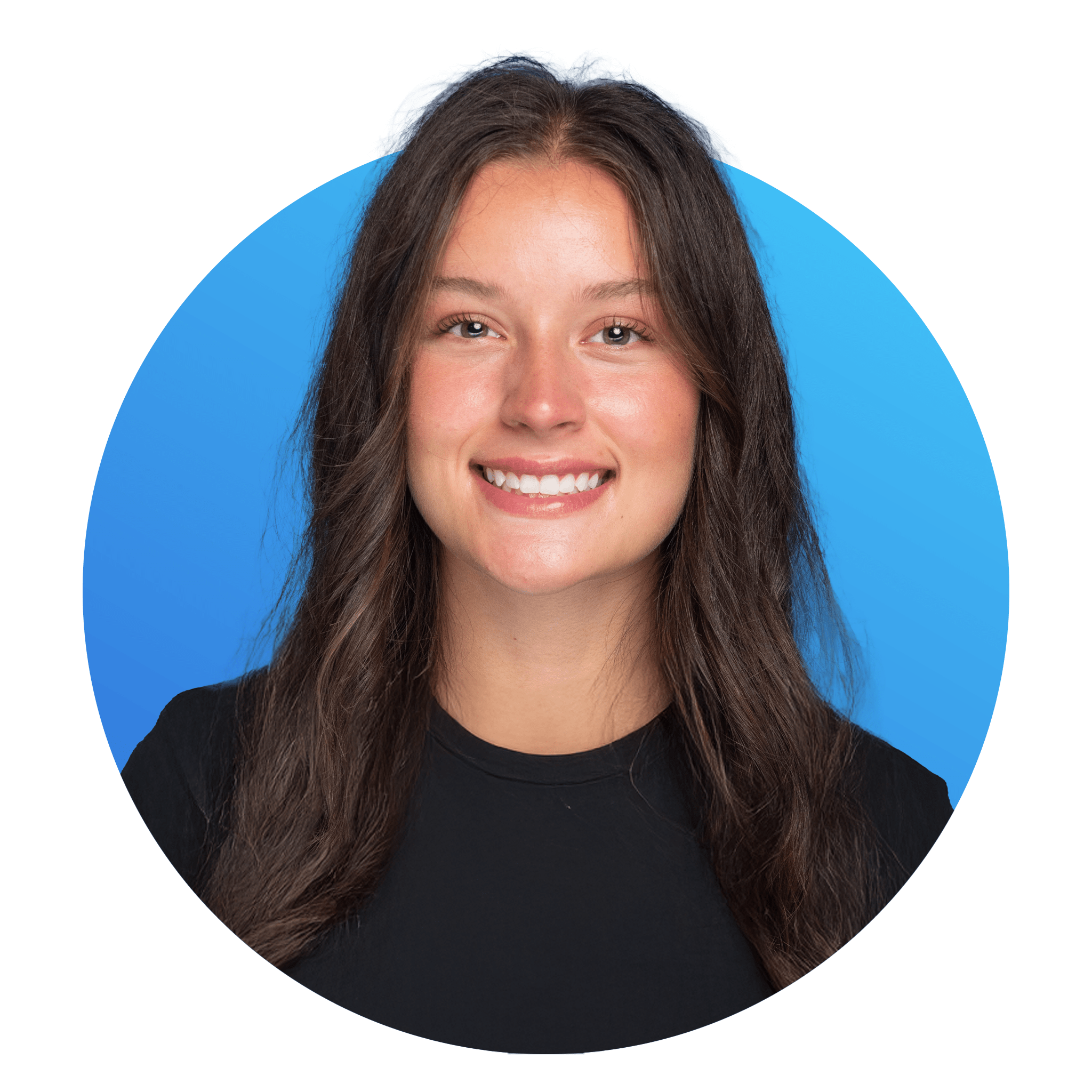 Headshot of a woman with long brown hair, smiling, wearing a black top against a blue background.