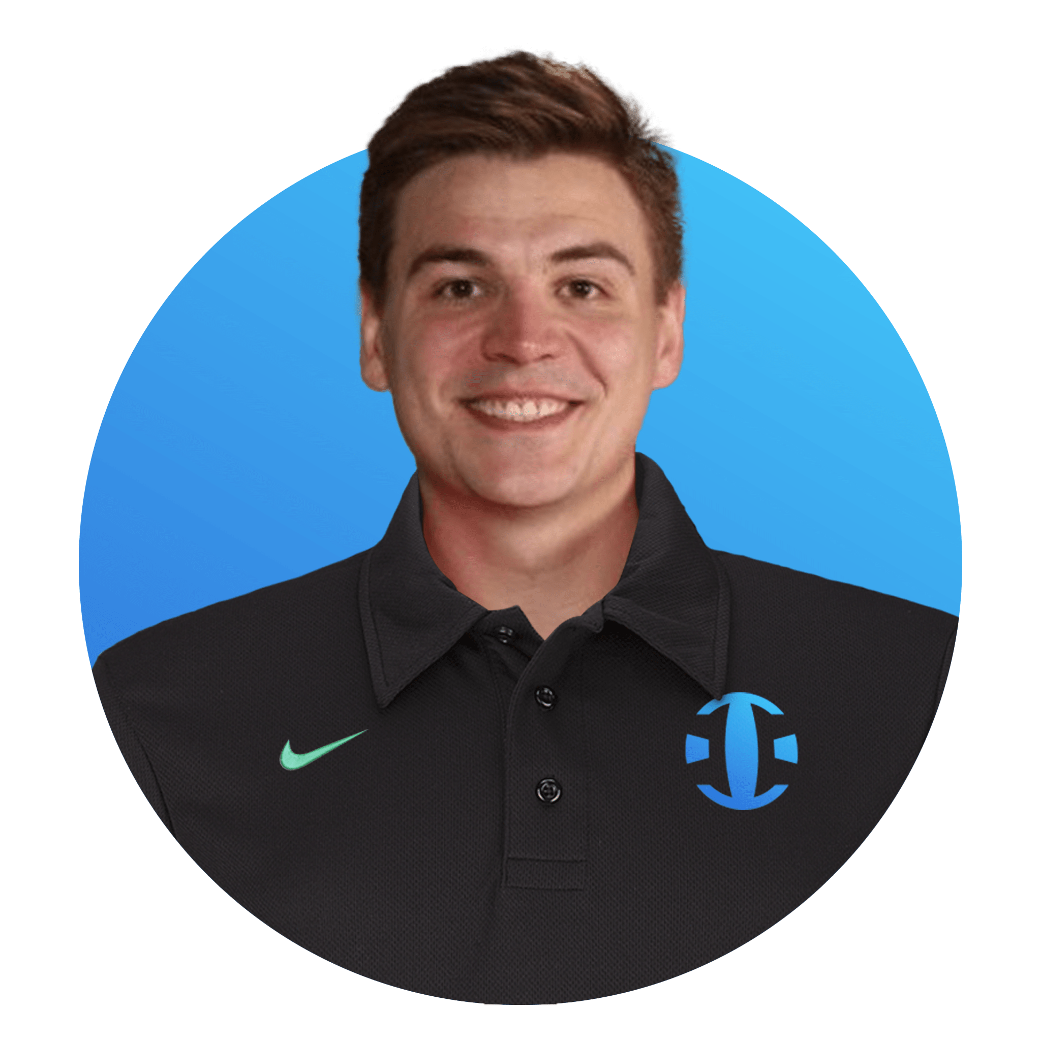 A young man smiling, wearing a black collared shirt with a Nike logo and a logo of a tech company, standing against a blue background