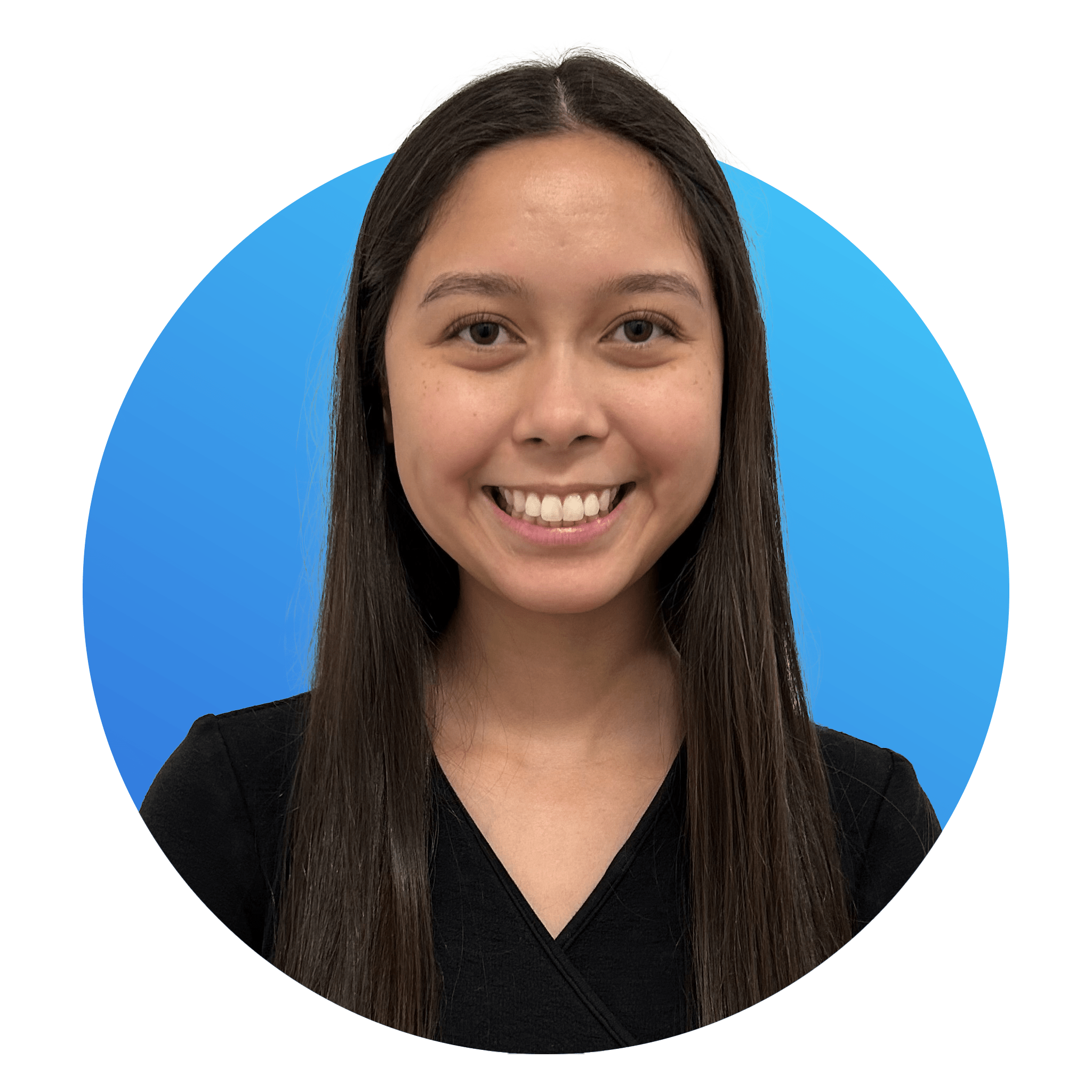 A young woman with long dark hair smiling at the camera, wearing a black top, with a blue background.