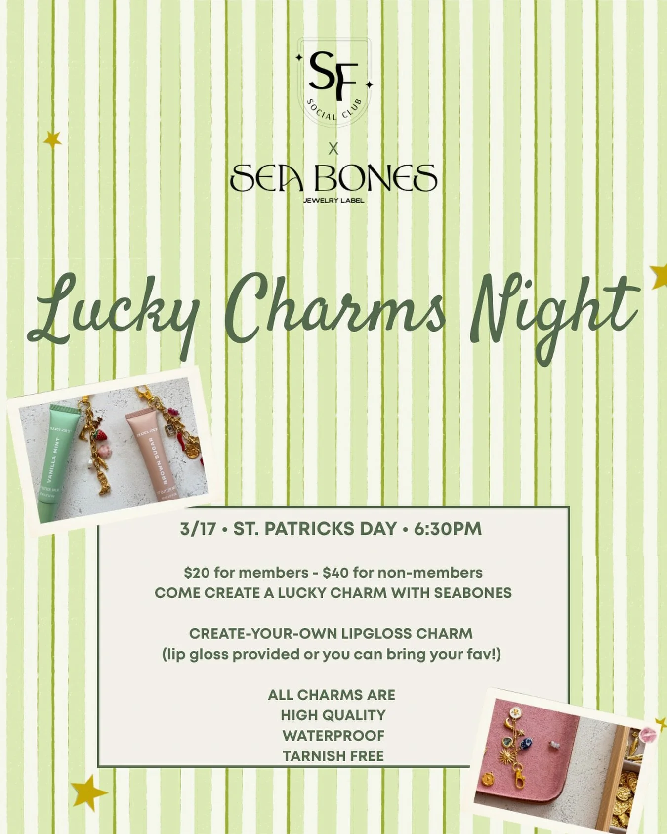 Lucky girl era&hellip; but make it SWEATFORM. 🍀✨

We&rsquo;re hosting LUCKY CHARMS with Seabones &mdash; a little Social Club night.

You&rsquo;ll make your own lip gloss charm (yes, bring your fav gloss or will have one for you) 

Think gold detail