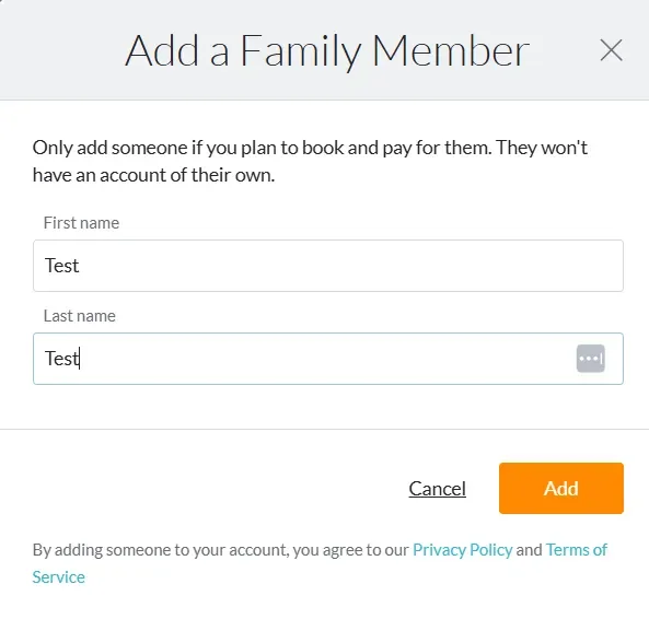 Online form titled 'Add a Family Member' with fields for first name and last name, filled with 'Test,' and buttons labeled 'Cancel' and 'Add.'