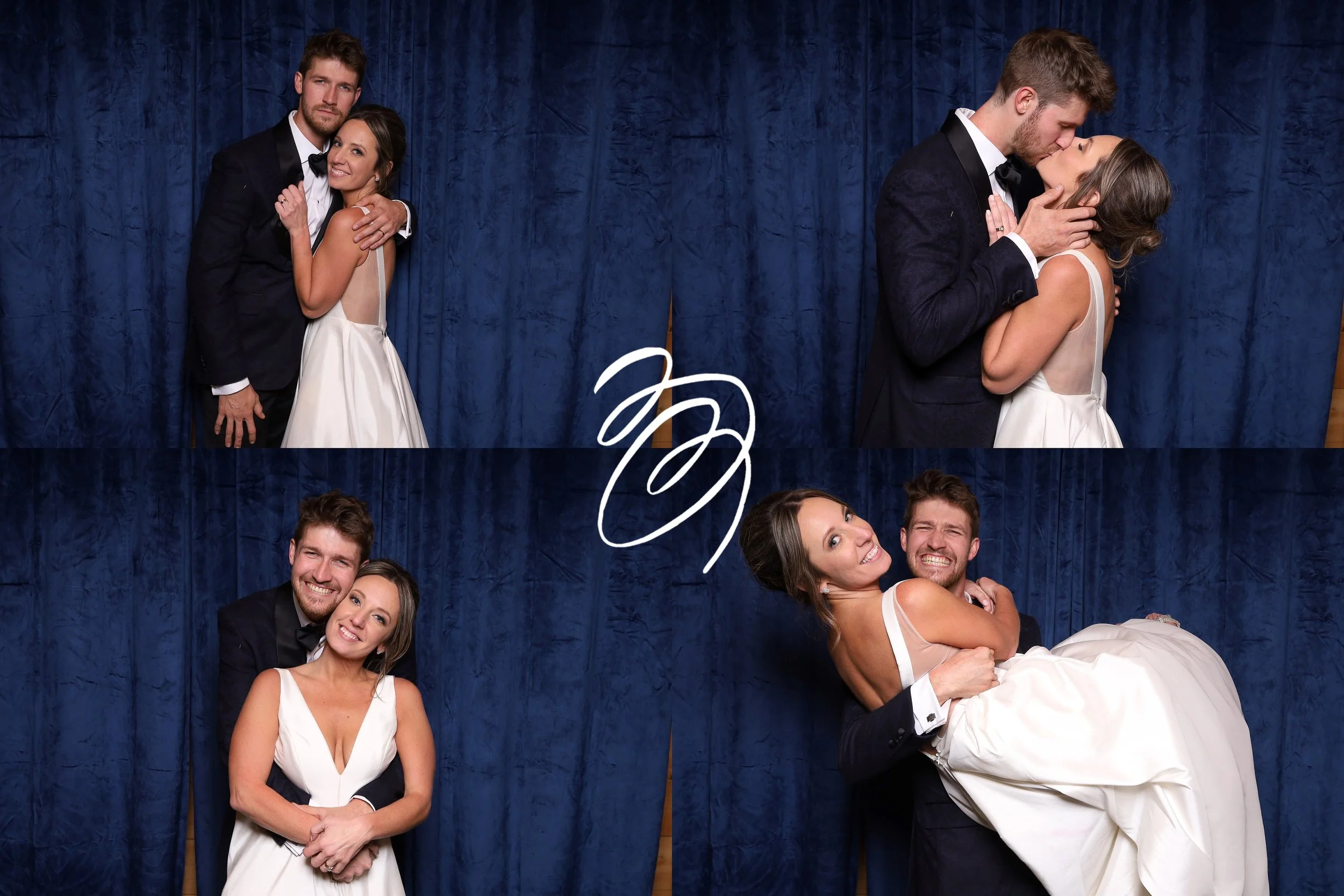 Four photos of a couple at their wedding, with a blue curtain background in a photo booth. Bride and Groom