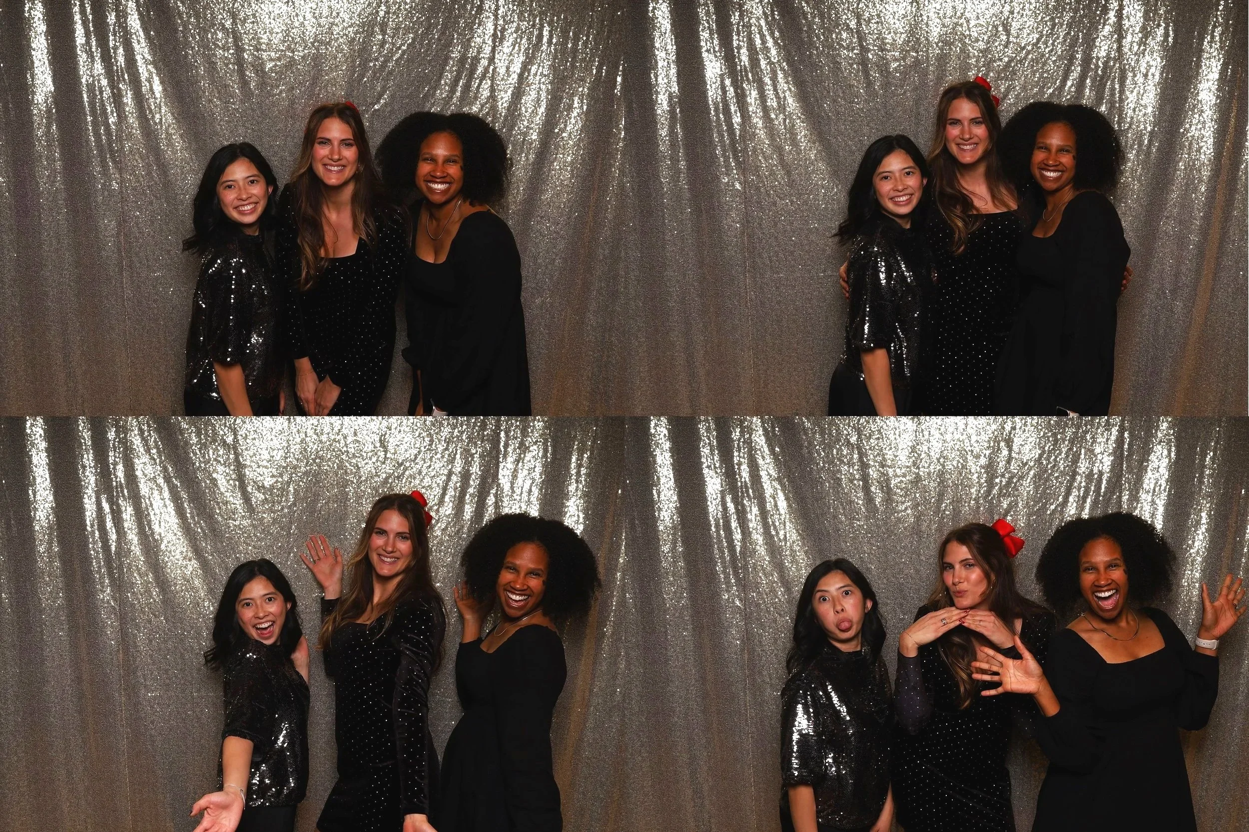 Six women in black and sparkly outfits posing in front of a silver sequin backdrop, making various facial expressions and gestures in a photo booth.