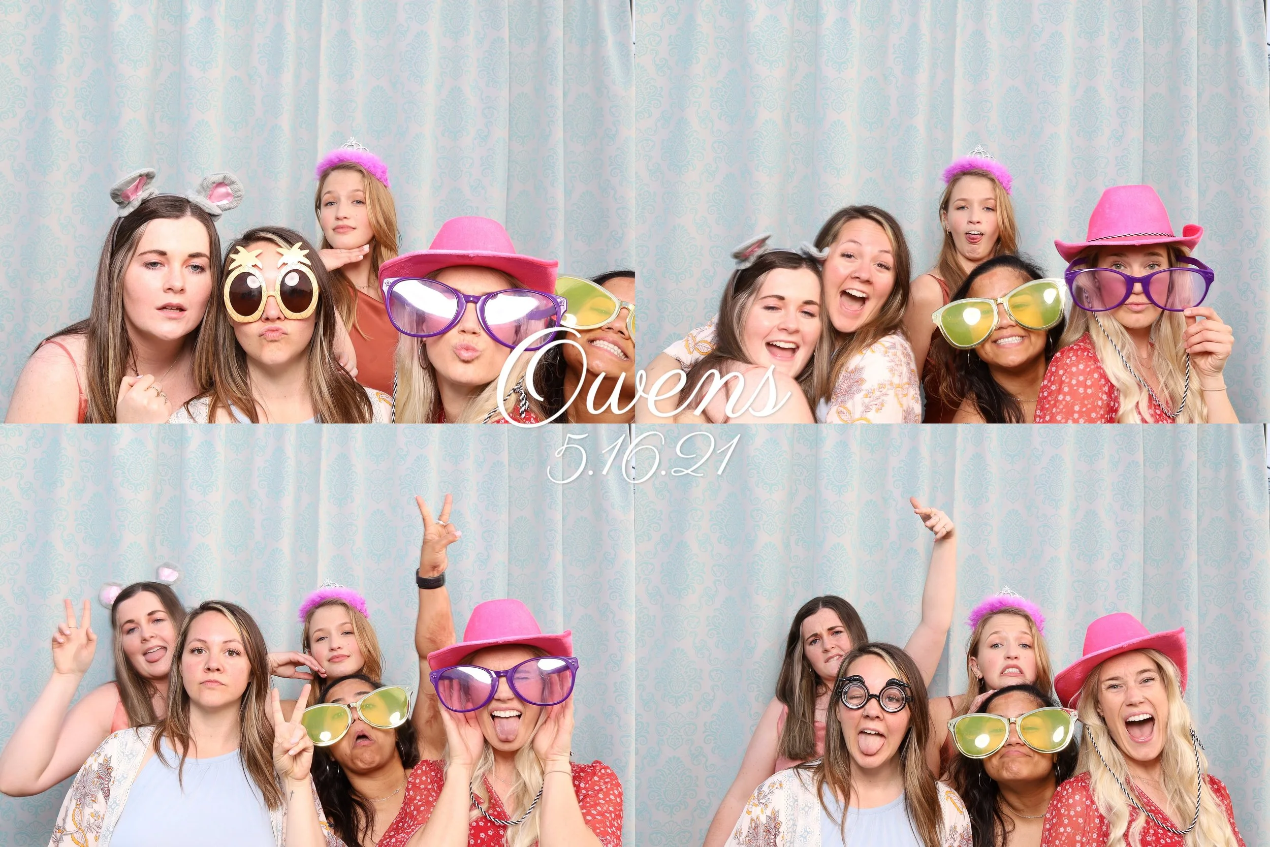 Group of women and girls with fun accessories at a photo booth, celebrating Owens' event on May 16, 2021.