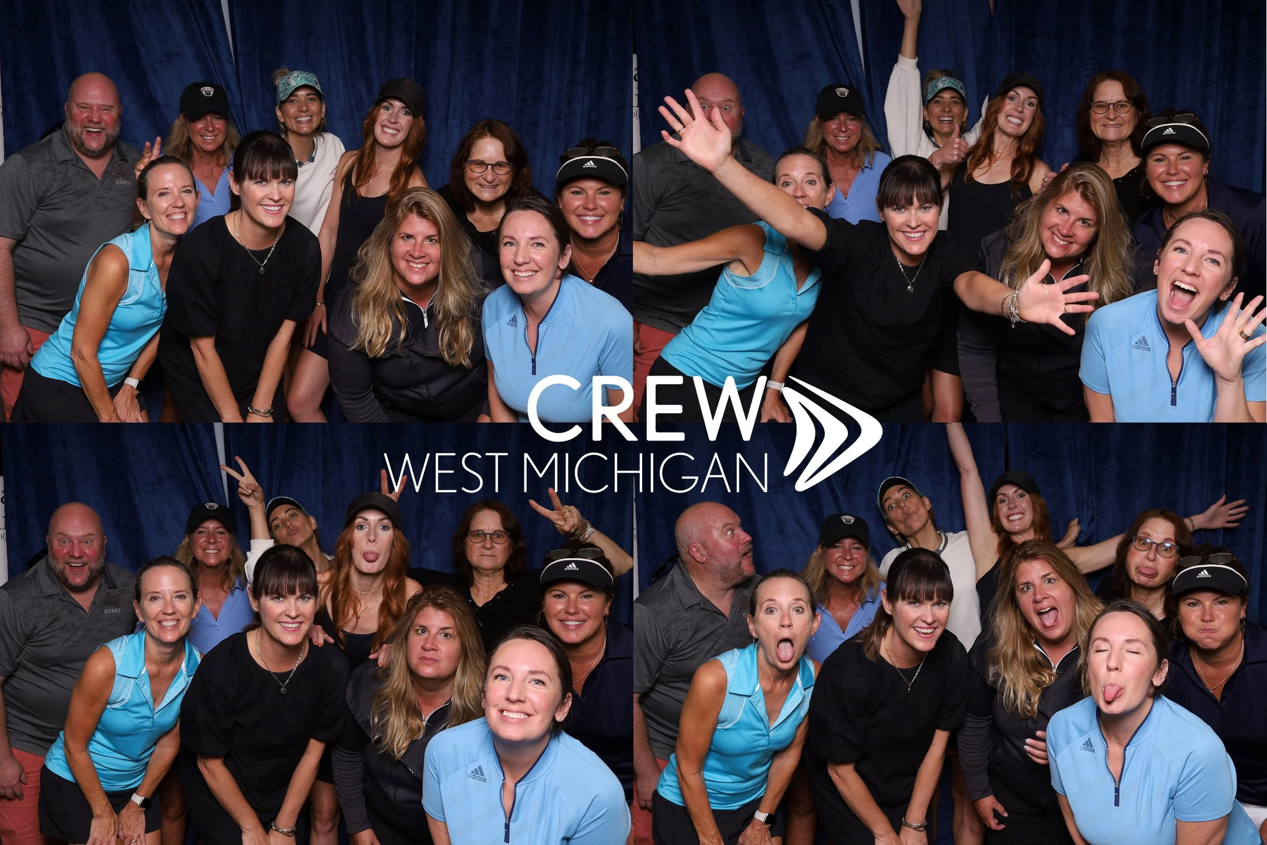 A group of people posing and making funny faces in a photo booth with a blue curtain background, with the logo 'Crew West Michigan' displayed.