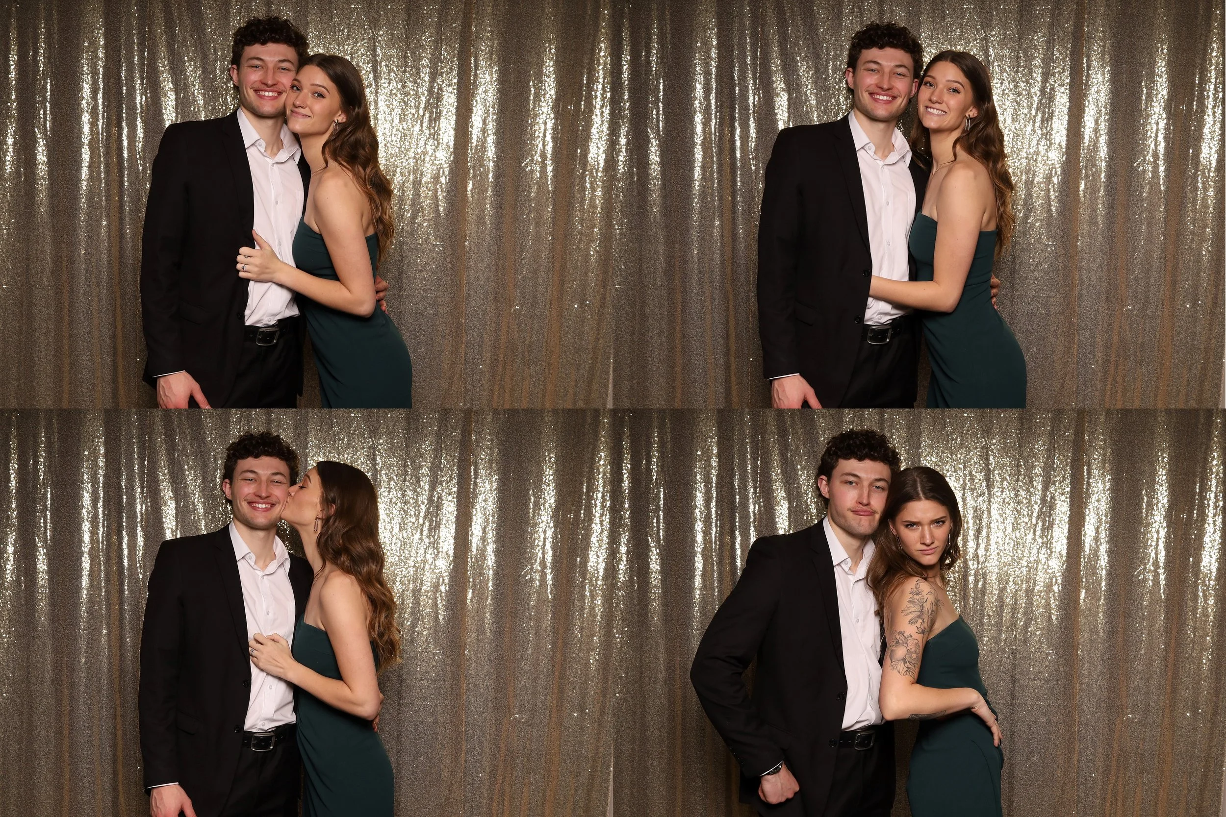 Four photos of a young man and woman in formal attire standing in front of a gold glittery backdrop, showing different poses and interactions.