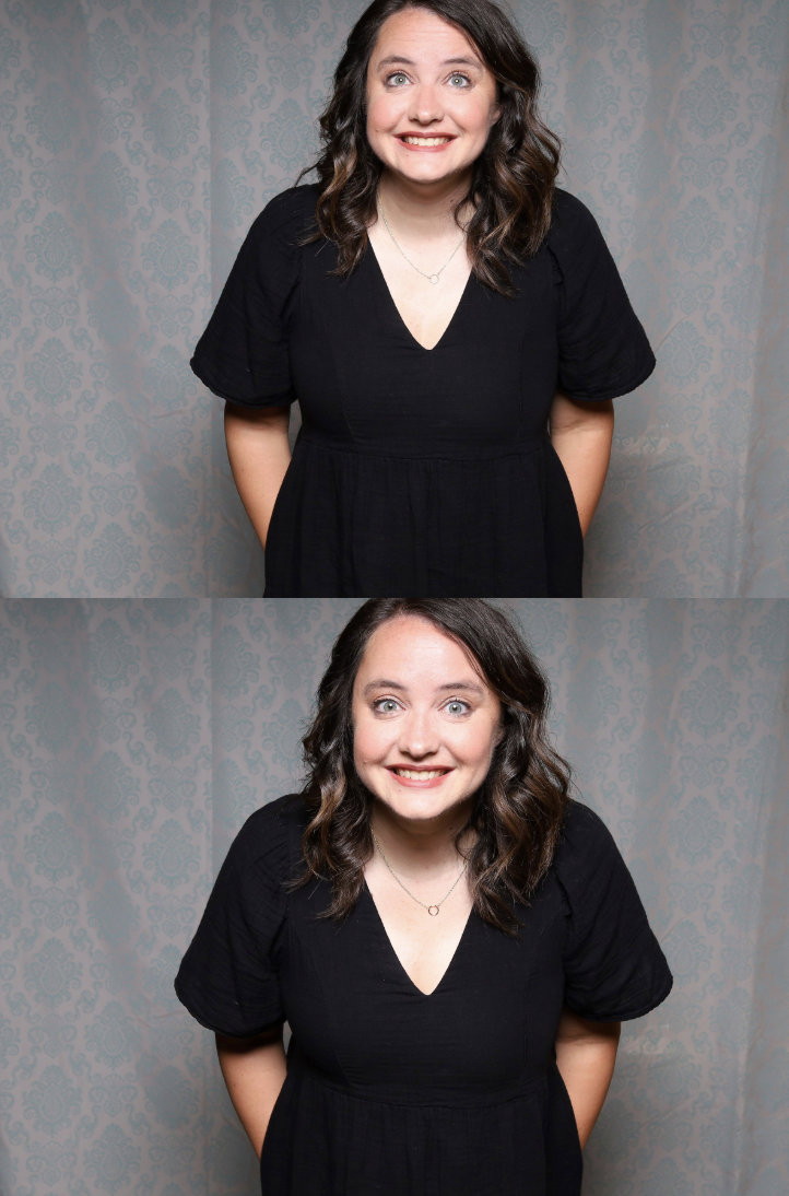 A woman with dark, wavy hair is smiling in both photos, standing against a patterned blue-grey background, wearing a black dress and a silver necklace in a photo booth