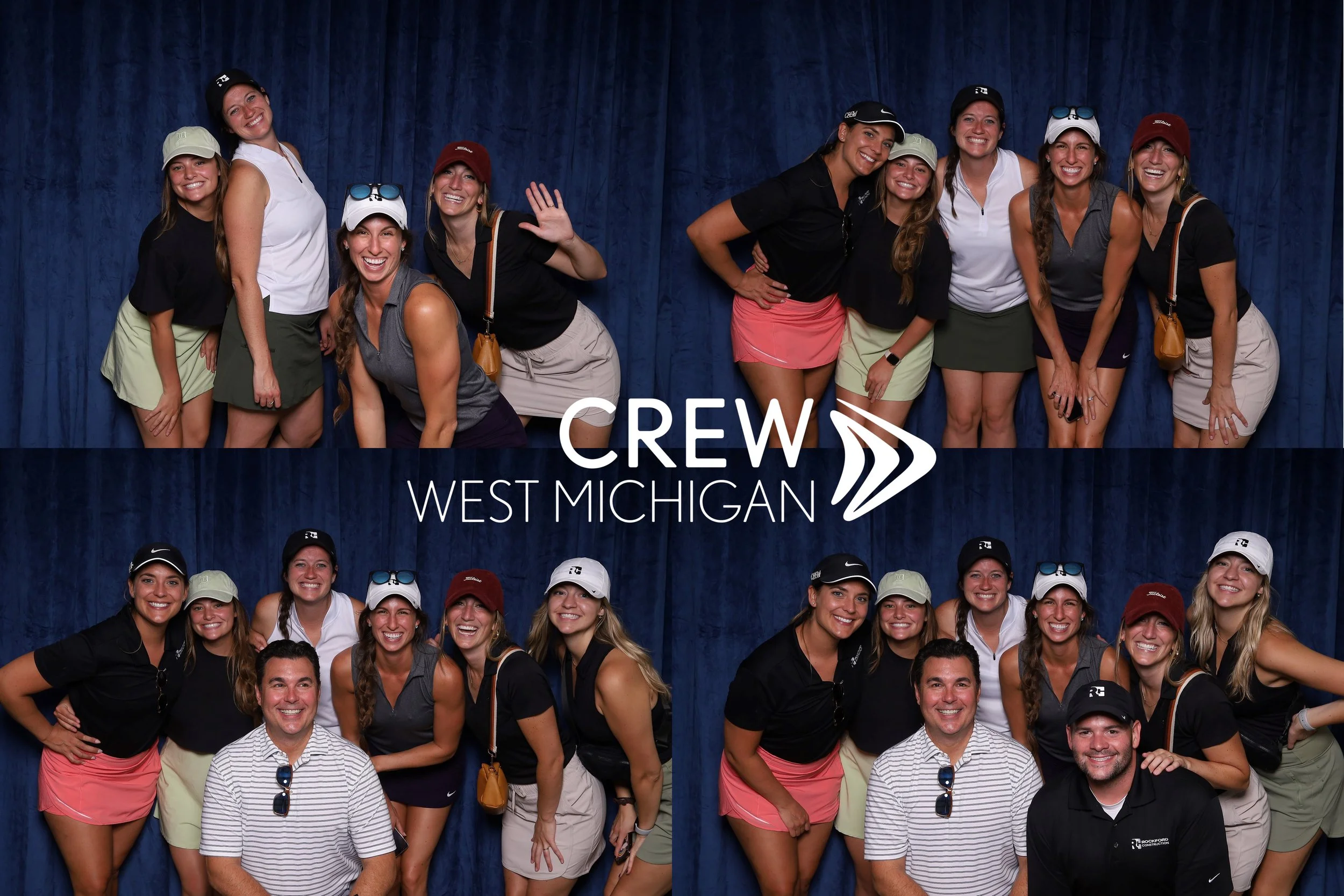 Group of nine women and two men posing in front of a dark blue curtain, with a 'CREW WEST MICHIGAN' logo in the center, smiling and dressed in casual golf attire. In a photo booth