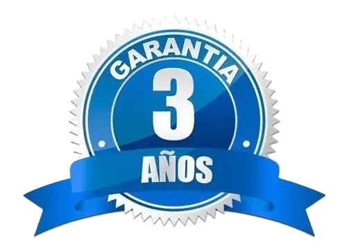Sello de garantía de 3 años en color azul con letras blancas y un listón azul.