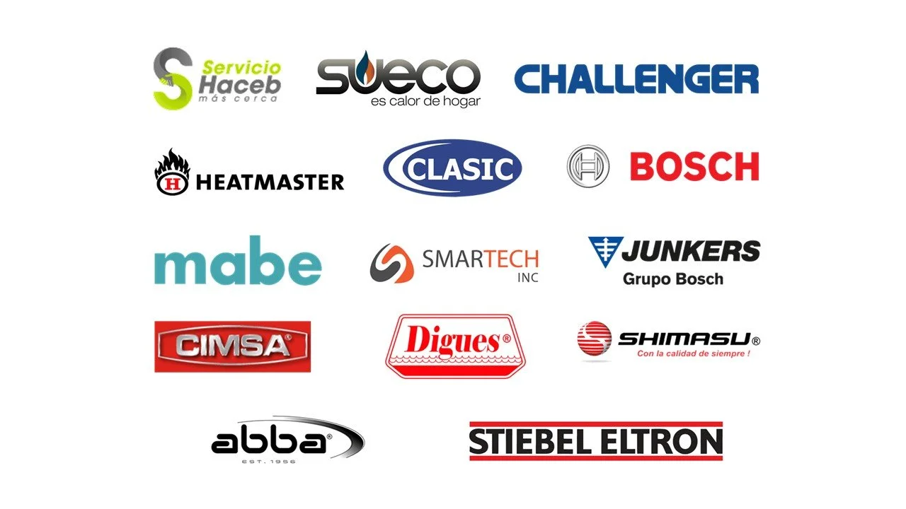 Logos de varias marcas de repuestos y maquinaria, incluyendo Servicio Haceb, Sueco, Challenger, Heatmaster, Clasic, Bosch, Mabe, SmartTech, Junkers, Cimsa, Digues, Shimasu, Abba, y Stiebel Eltron.