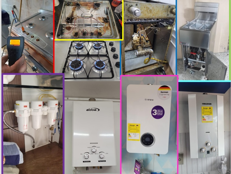 Una colección de diferentes electrodomésticos y sistemas de agua en diferentes estados, incluyendo estufas, calentadores, filtros de agua y una despensa de agua, algunos en funcionamiento y otros en mantenimiento.