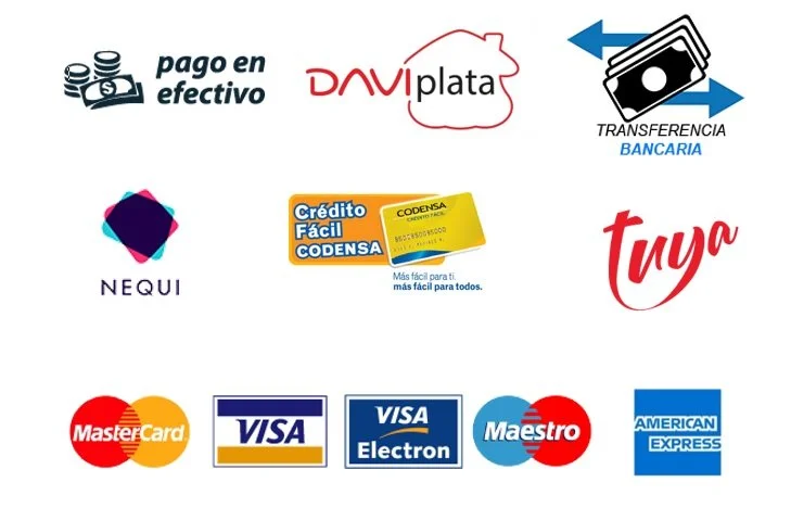 Íconos de diferentes métodos de pago, incluyendo efectivo, transferencia bancaria, tarjetas de crédito y débito (MasterCard, Visa, Visa Electron, Maestro, American Express), y servicios digitales como Nequi y DaviPlata.