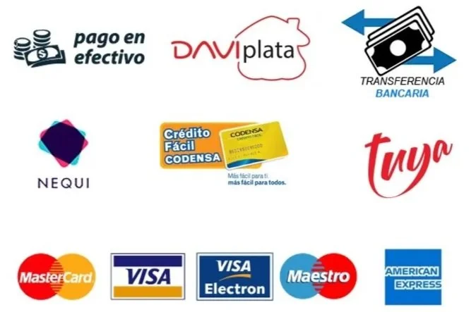 Diferentes logotipos de métodos de pago y bancos en la imagen, incluyendo pago en efectivo, transferencia bancaria, tarjetas de crédito y débito, y marcas como Mastercard, Visa, American Express, Nequi, Tuya, y otras.